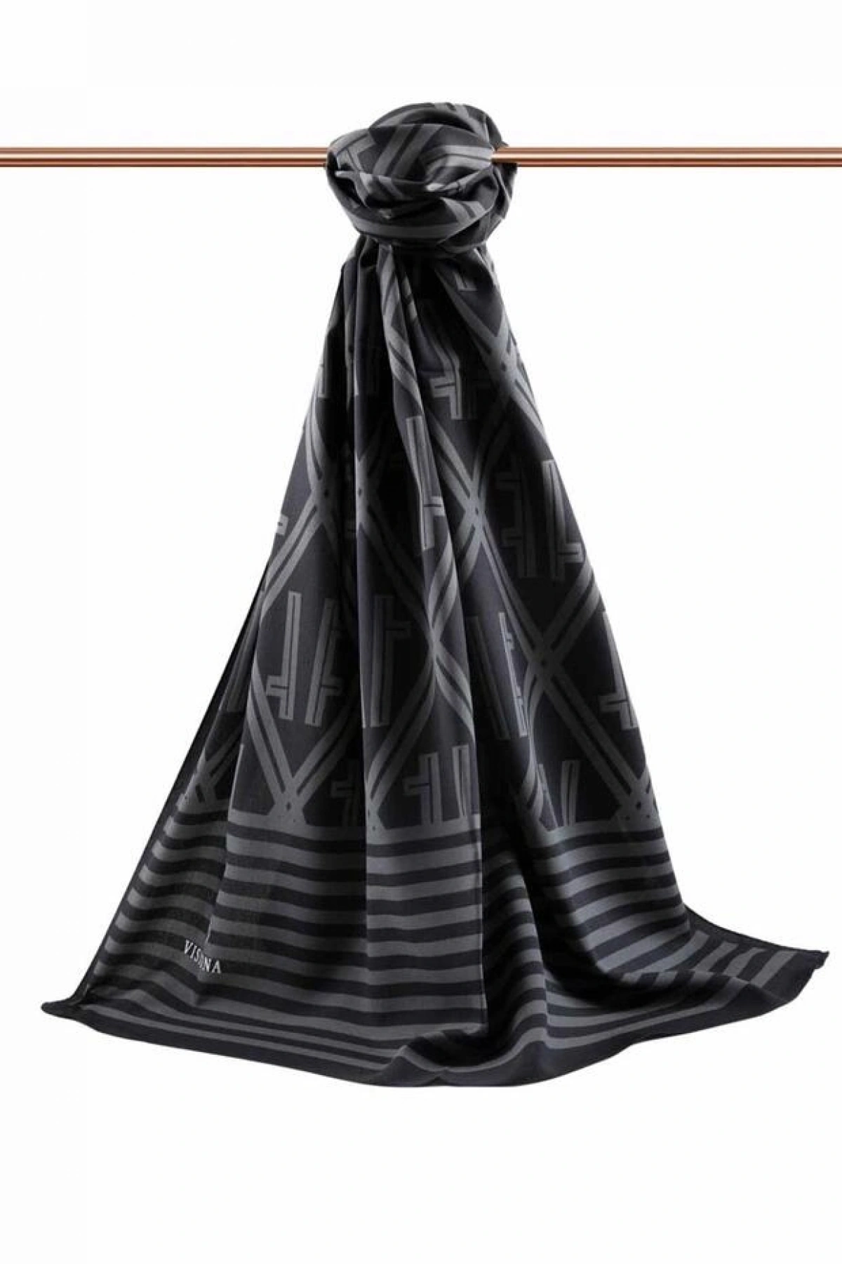 Vissona LÜKS MEDİNE MONOGRAM DESENLİ SİYAH - GRİ RENKLİ 75X195 KIRIŞMAZ ŞAL MOSS KREP DİKİŞ TİPİ İTALYAN