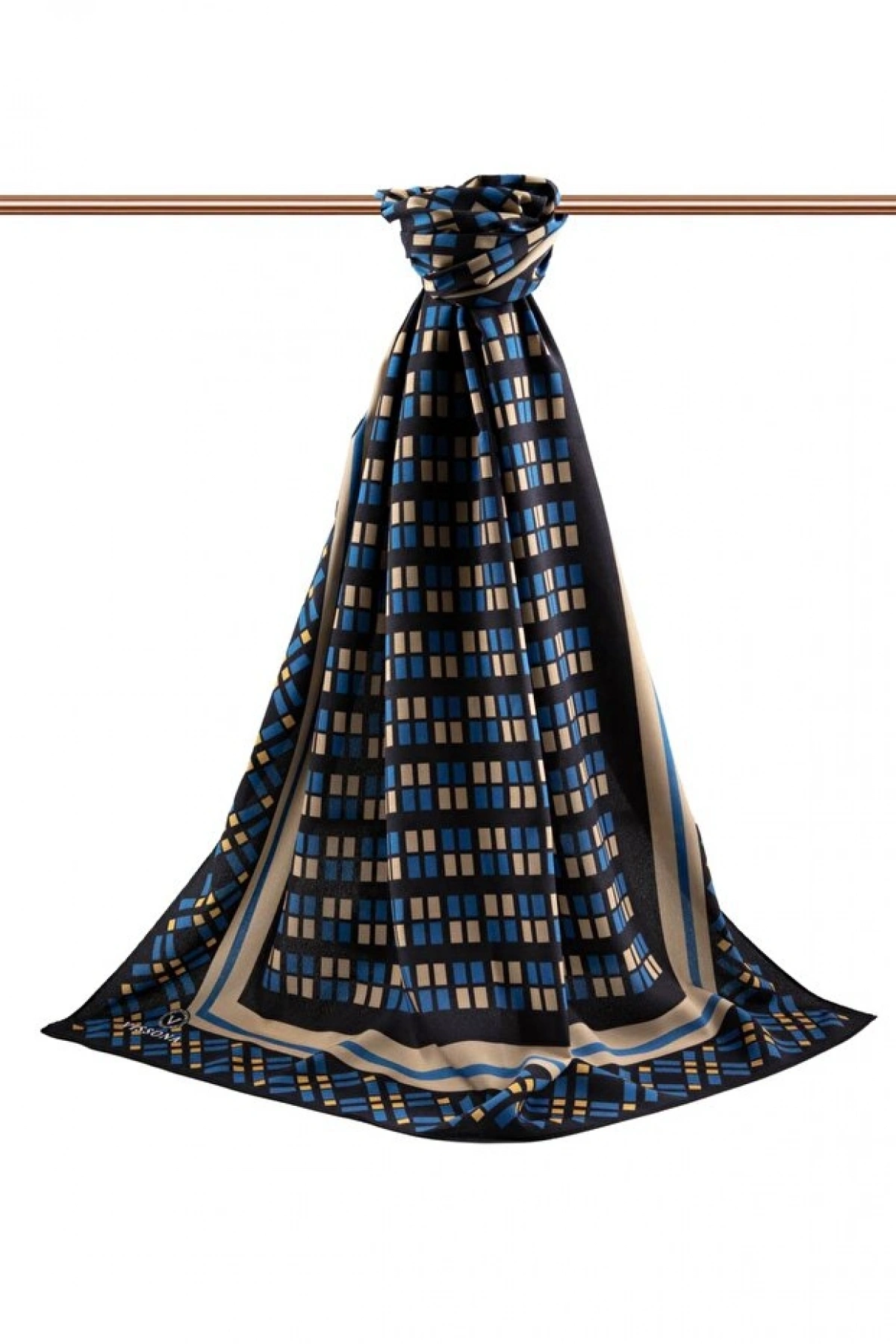 Vissona LÜKS MEDİNE İPEĞİ KARE DESENLİ İNDİGO RENKLİ 75X195 KIRIŞMAZ ŞAL MOSS KREP DİKİŞ TİPİ İTALYAN DİKİŞ