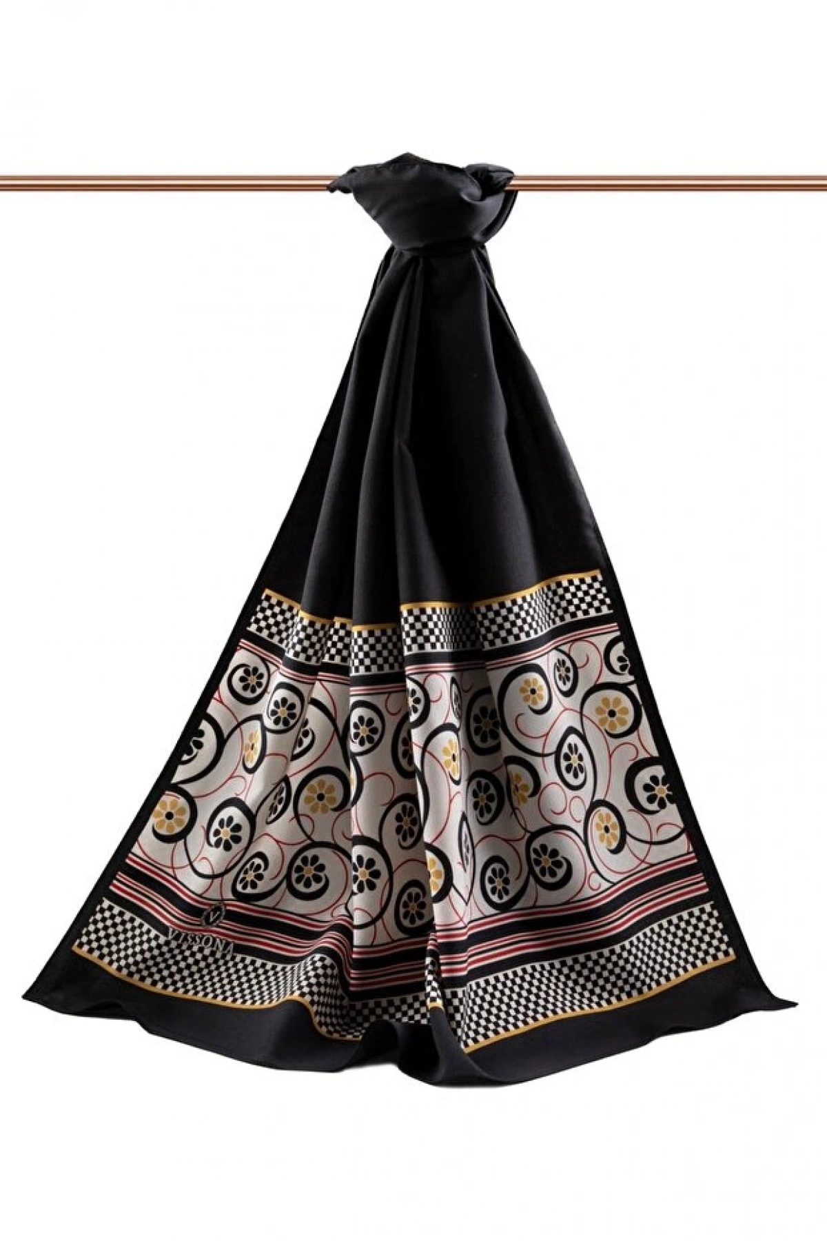 Vissona LÜKS MEDİNE İPEĞİ KENAR MOTİFİ ÇİÇEK DESENLİ SİYAH RENKLİ 75X195 KIRIŞMAZ ŞAL MOSS KREP DİKİŞ TİPİ İ