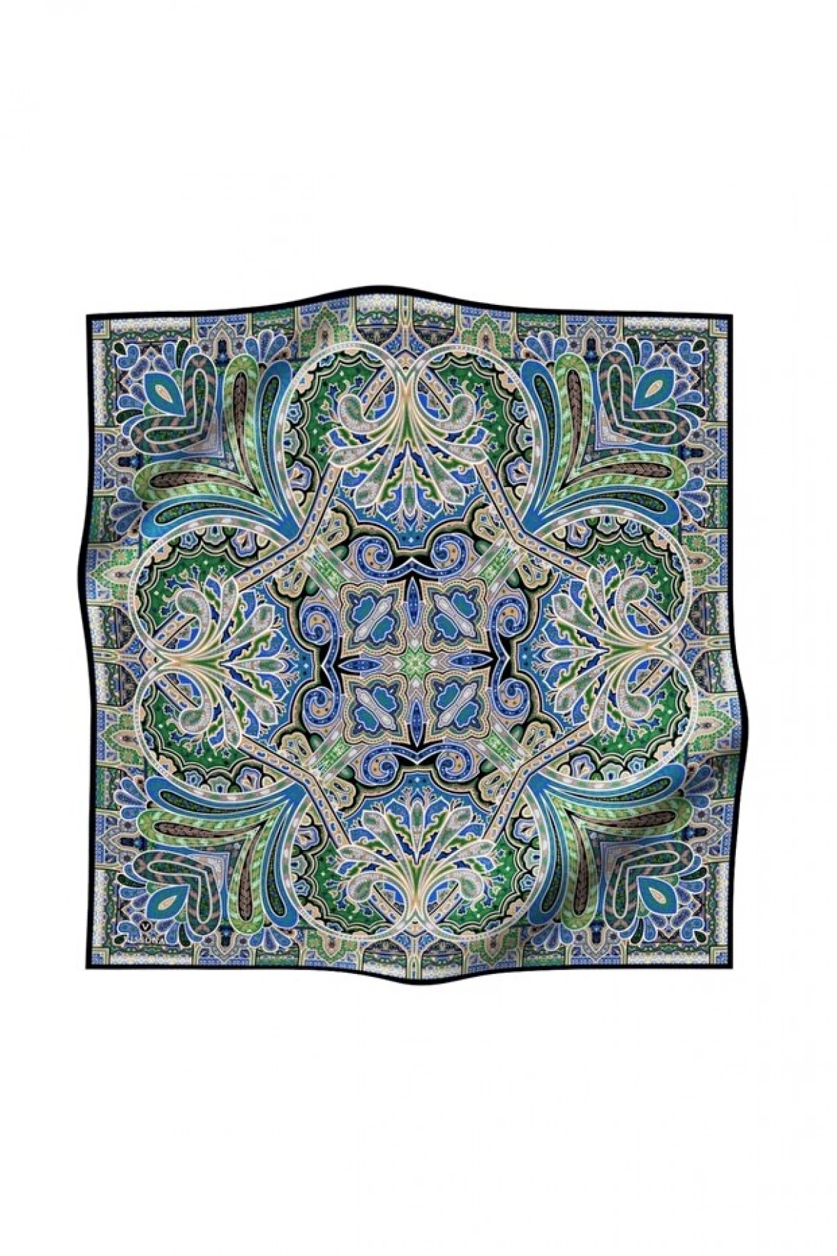 Vissona 100% Twill İpek Etnik Desenli Saks - Zümrüt Yeşili Renkli 90x90 Dikim Şekli : El Dikişi Eşarp