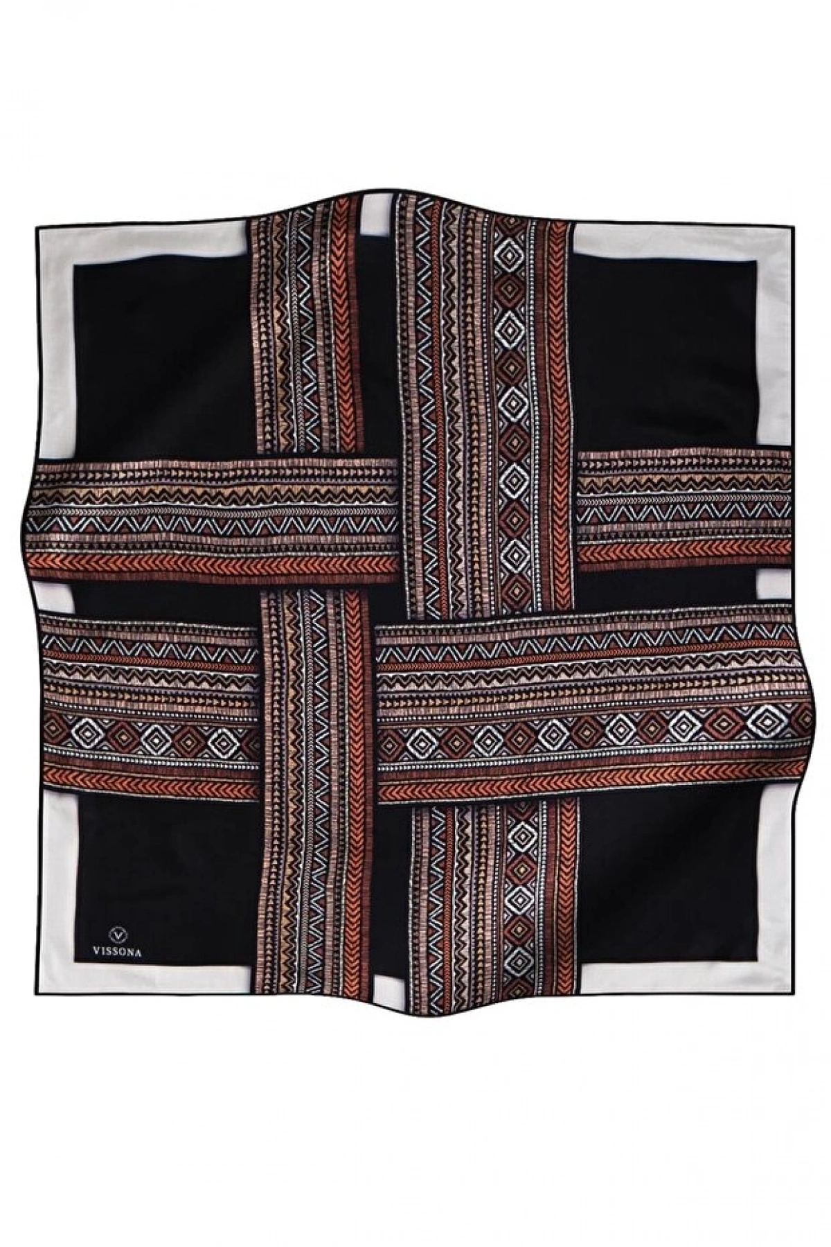 Vissona %100 Twill İpek Etnik Desenli Siyah - Taba Renkli 90x90 Eşarp Dikim Şekli : El Dikişi
