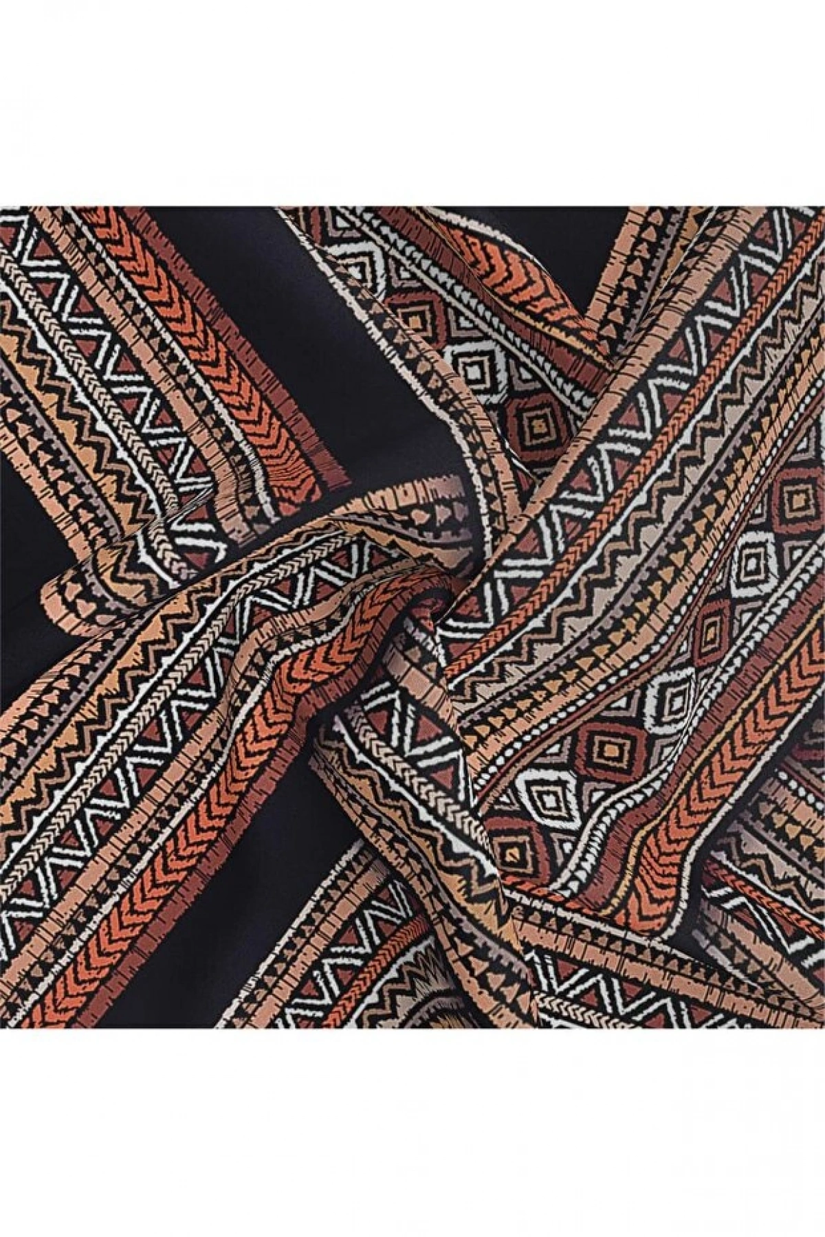 Vissona %100 Twill İpek Etnik Desenli Siyah - Taba Renkli 90x90 Eşarp Dikim Şekli : El Dikişi