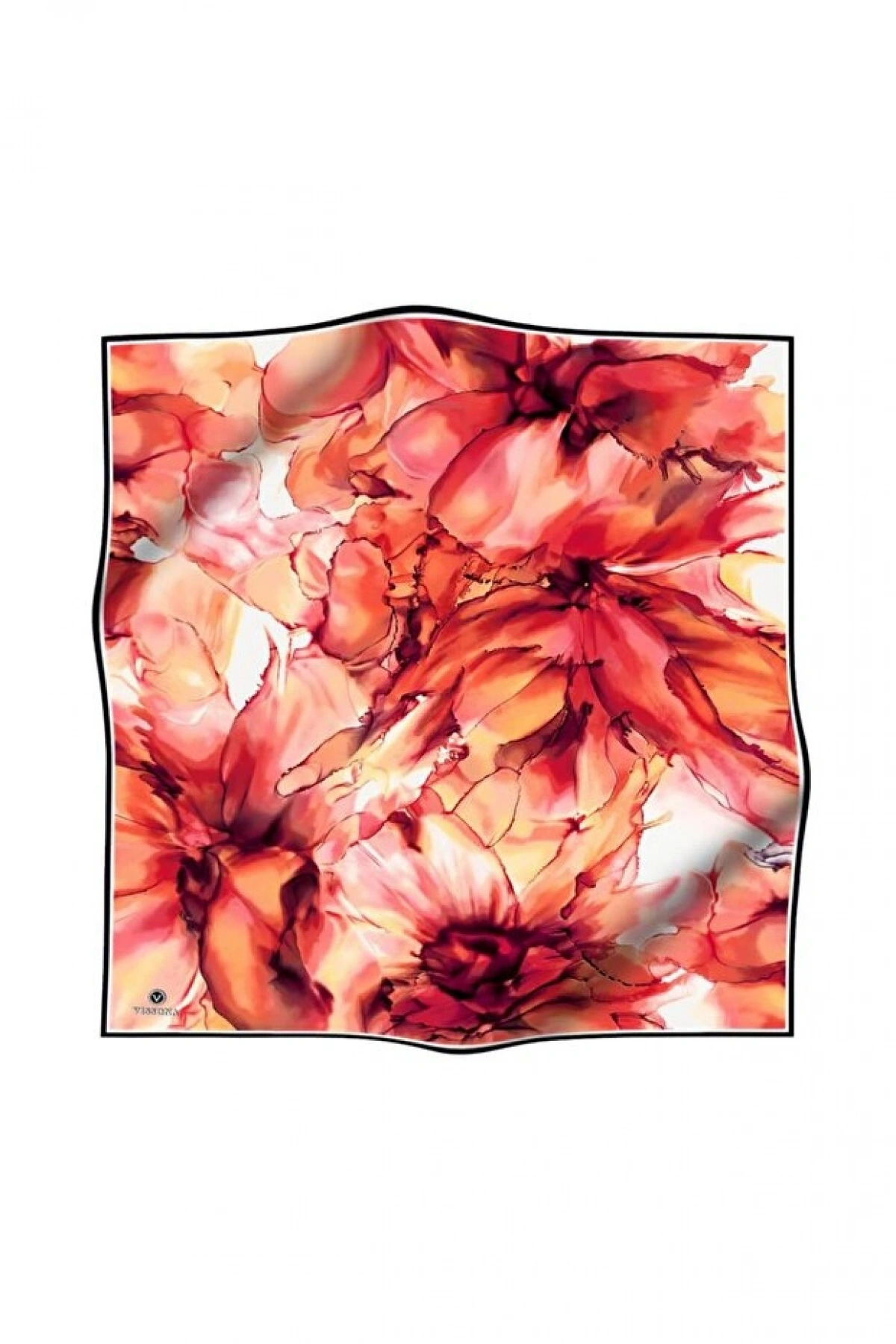 Vissona %100 Twill İpek Batik Çiçek Desenli Hardal - Kırmızı Renkli 90x90 Eşarp Kenar Dikiş Şekli El Dikişli