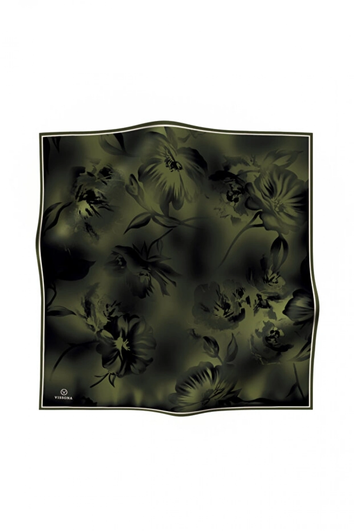 Vissona 100% Twill İpek Çiçek Desenli Haki Renkli 90x90 Dikim Şekli : El Dikişi Eşarp