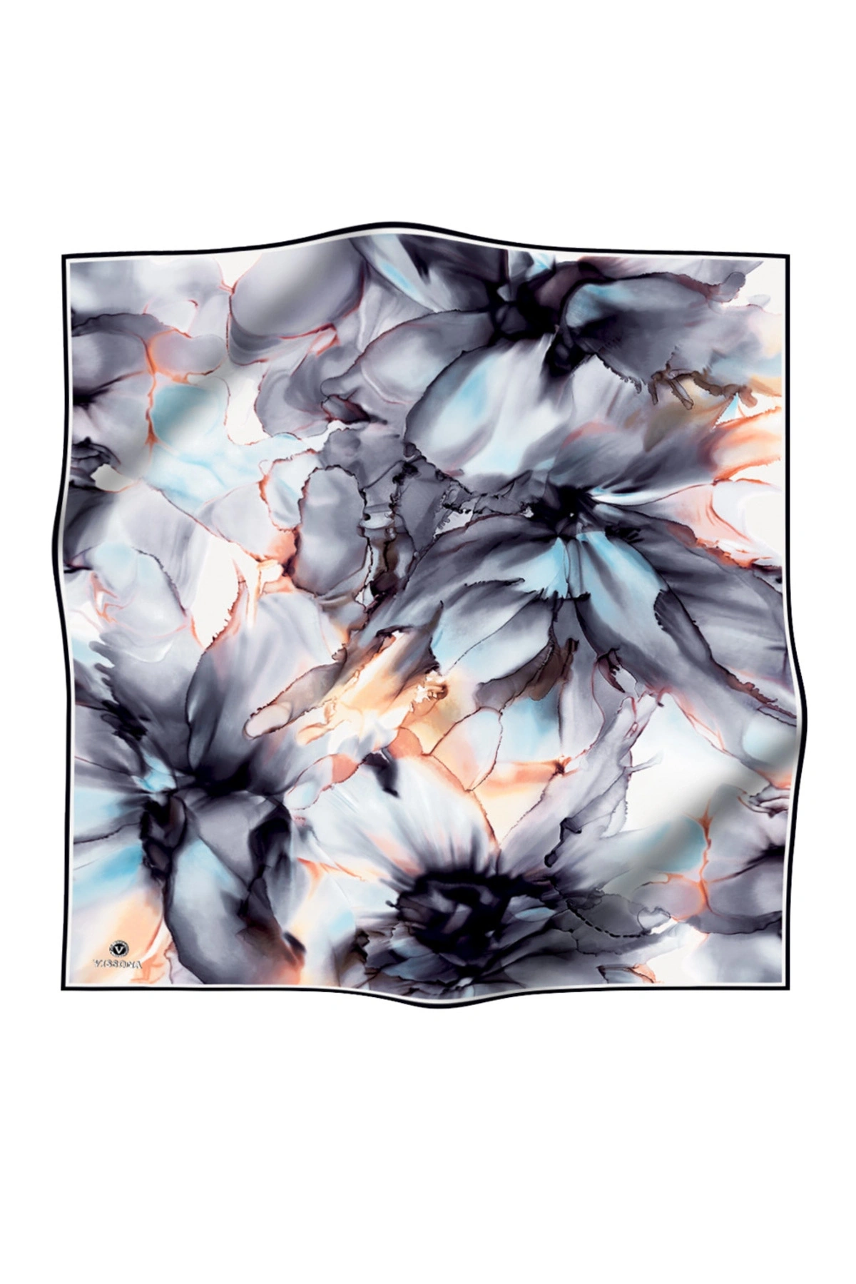 %100 Twill İpek Batik Çiçek Desenli Gri - Bebe Mavisi Renkli 90x90 Eşarp Kenar Dikiş Şekli El Dikişl