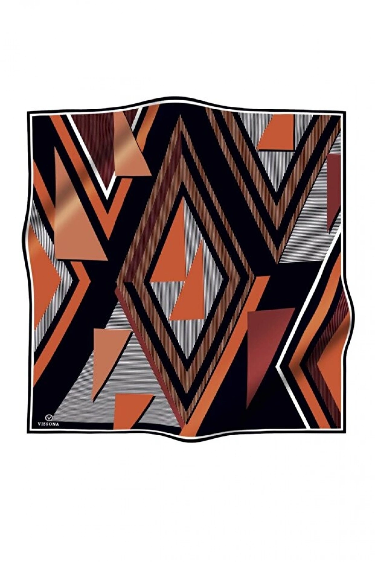 Vissona %100 Twill İpek Geometrik Desenli Taba - Siyah Renkli 90x90 Eşarp Dikim Şekli : El Dikişi