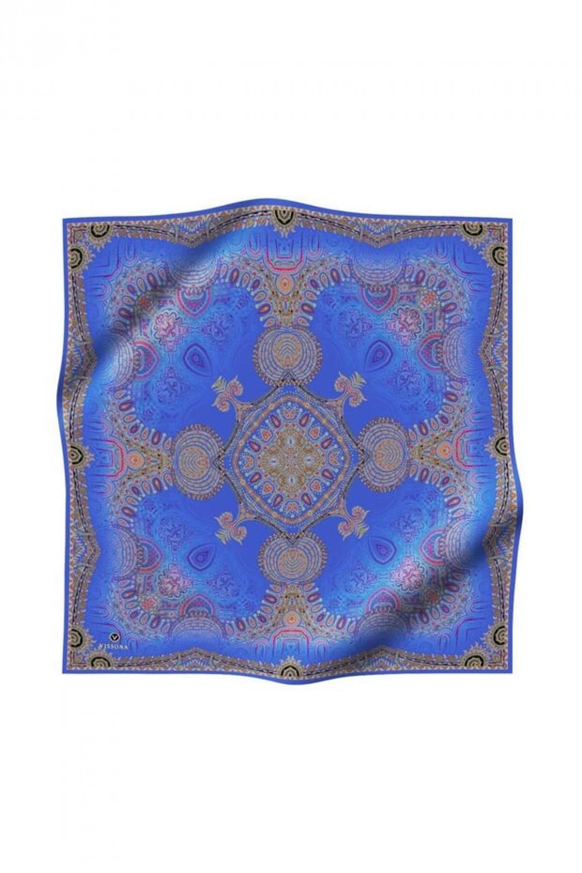 Vissona %100 Twill İpek Şal Desenli Saks Renkli 90x90 Eşarp Dikim Şekli : El Dikişi