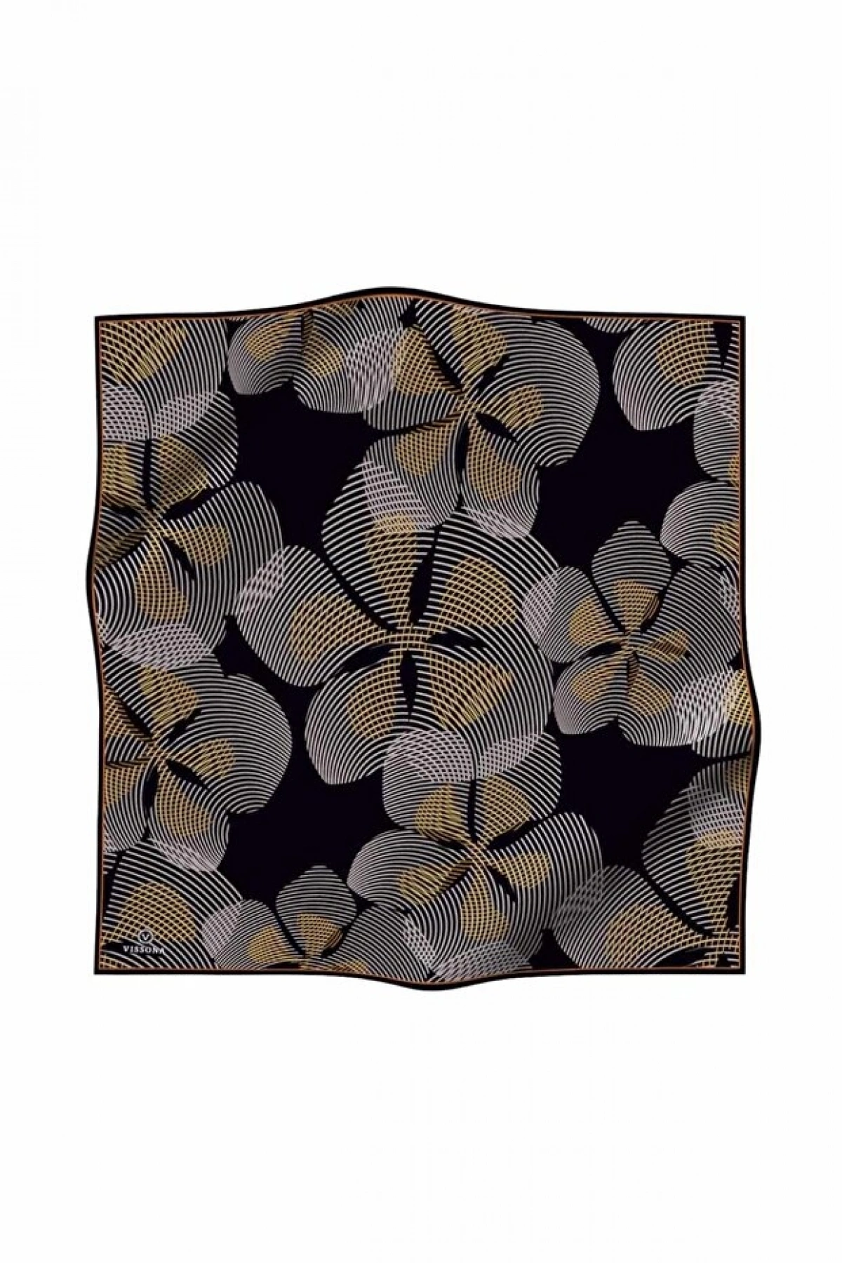 Vissona %100 Twill İpek Çizgili Çiçek Desenli Taba - Siyah Renkli 90x90 Eşarp Dikim Şekli : El Dikişi