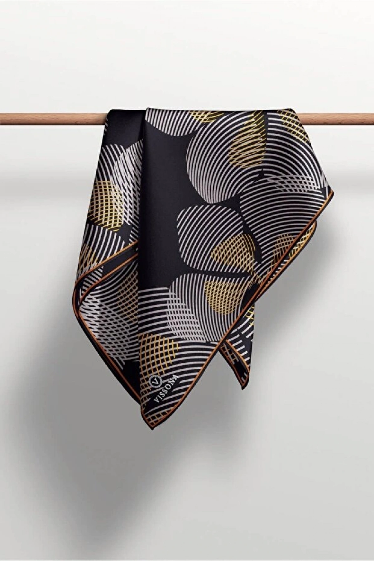 Vissona %100 Twill İpek Çizgili Çiçek Desenli Taba - Siyah Renkli 90x90 Eşarp Dikim Şekli : El Dikişi