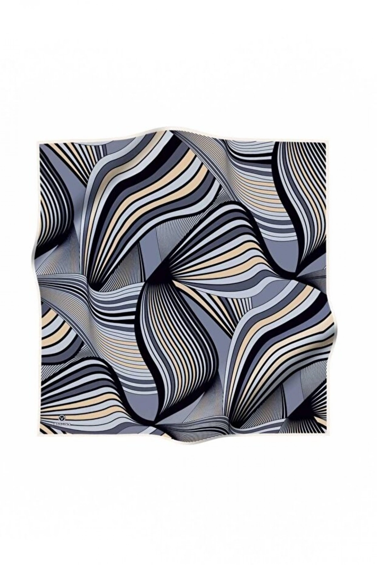 Vissona %100 Twill İpek Okyanus Dalgası Desenli Bej - Gri Renkli 90x90 Eşarp Kenar Dikiş Şekli El Dikişli