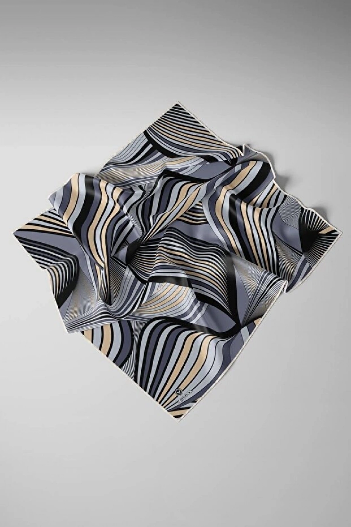 Vissona %100 Twill İpek Okyanus Dalgası Desenli Bej - Gri Renkli 90x90 Eşarp Kenar Dikiş Şekli El Dikişli