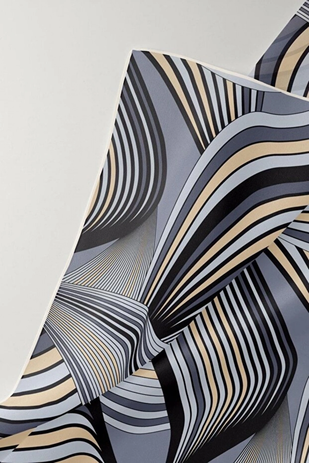 Vissona %100 Twill İpek Okyanus Dalgası Desenli Bej - Gri Renkli 90x90 Eşarp Kenar Dikiş Şekli El Dikişli