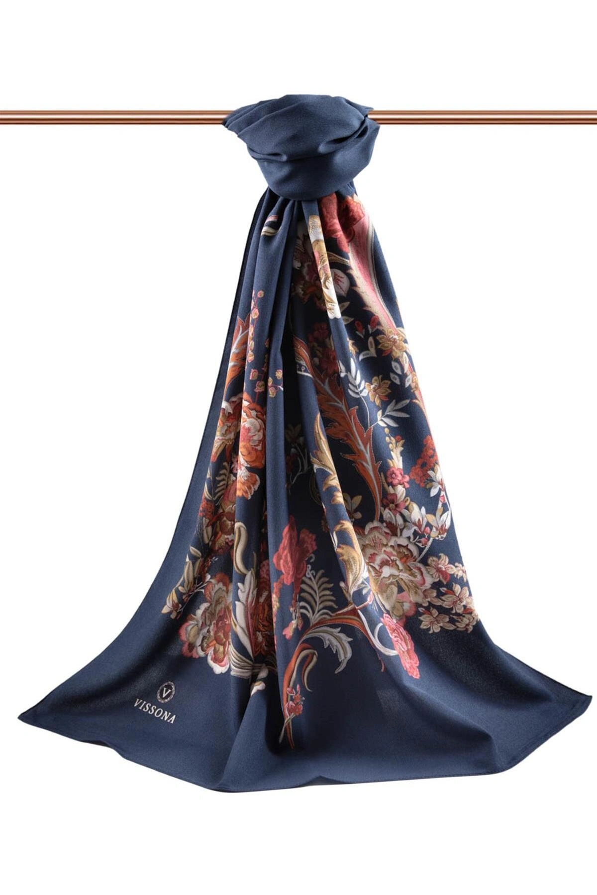 Vissona LÜKS MEDİNE İPEĞİ NAKIŞ ÇİÇEK DESENLİ LACİVERT RENKLİ 75X195 KIRIŞMAZ ŞAL MOSS KREP DİKİŞ TİPİ İTALY