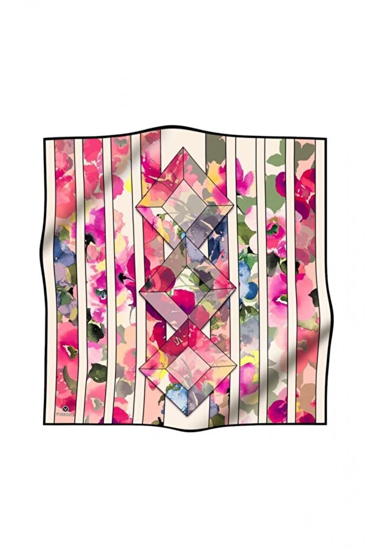 Vissona %100 Twill İpek Bahar Çiçekleri Desenli Mürdüm - Bebe Mavisi Renkli 90x90 Eşarp Kenar Dikiş Şekli El