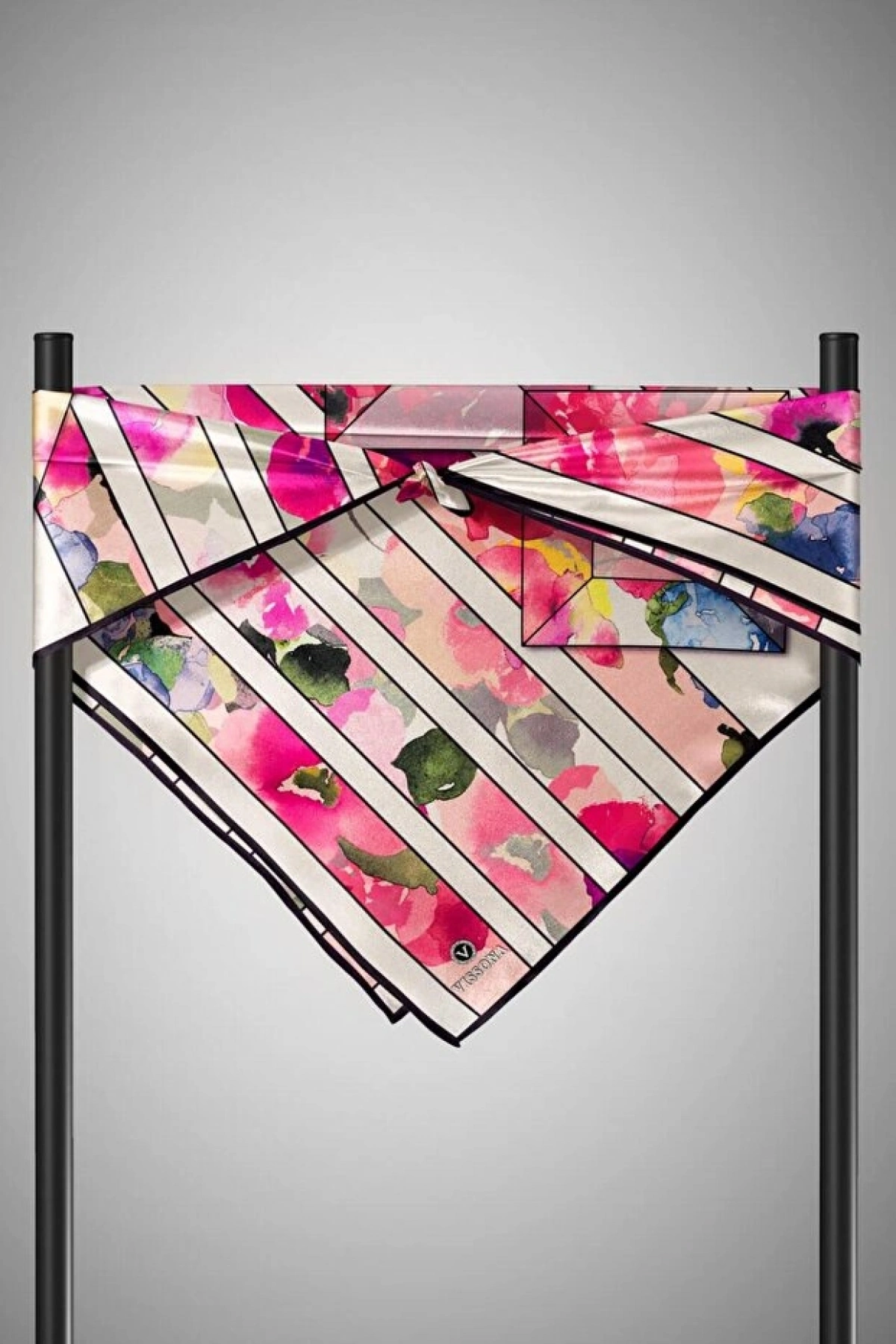 Vissona %100 Twill İpek Bahar Çiçekleri Desenli Mürdüm - Bebe Mavisi Renkli 90x90 Eşarp Kenar Dikiş Şekli El