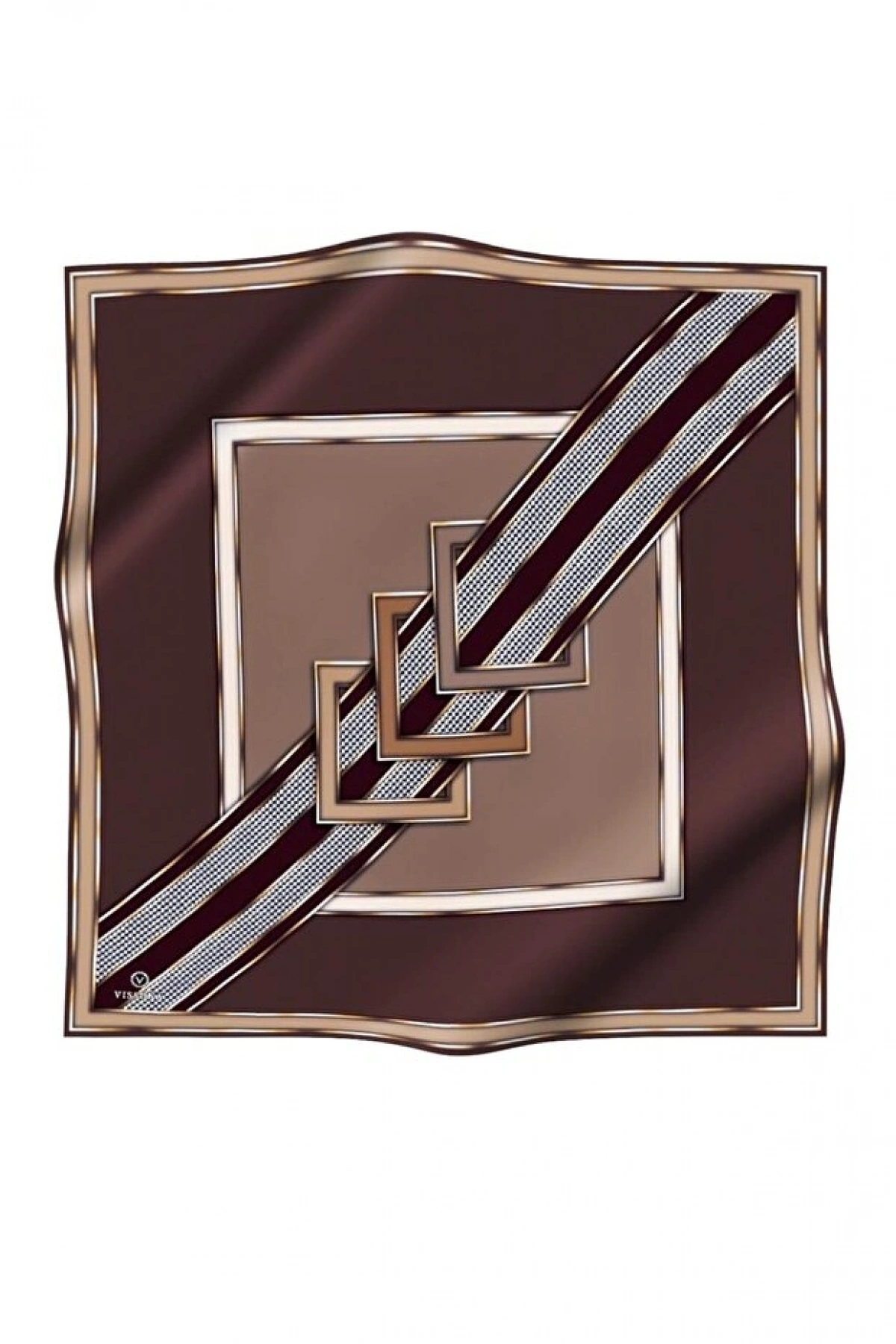 Vissona %100 Twill İpek Kareli Kazayaklı Desenli Kahverengi - Vizon Renkli 90x90 Eşarp Kenar Dikiş Şekli El
