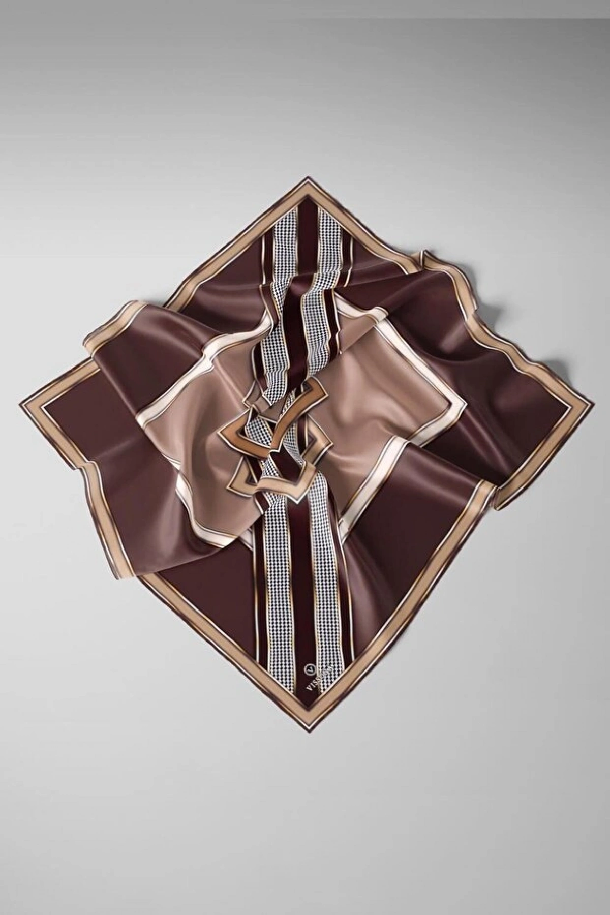 Vissona %100 Twill İpek Kareli Kazayaklı Desenli Kahverengi - Vizon Renkli 90x90 Eşarp Kenar Dikiş Şekli El