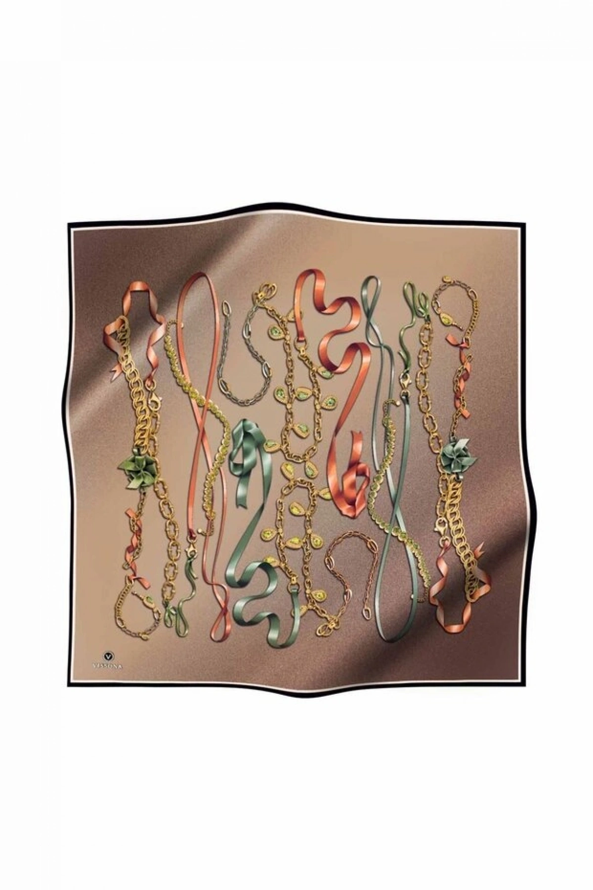 Vissona %100 Twill İpek Kurdele Ve Zincir Desenli Bej Renkli 90x90 Eşarp Dikim Şekli : El Dikişi