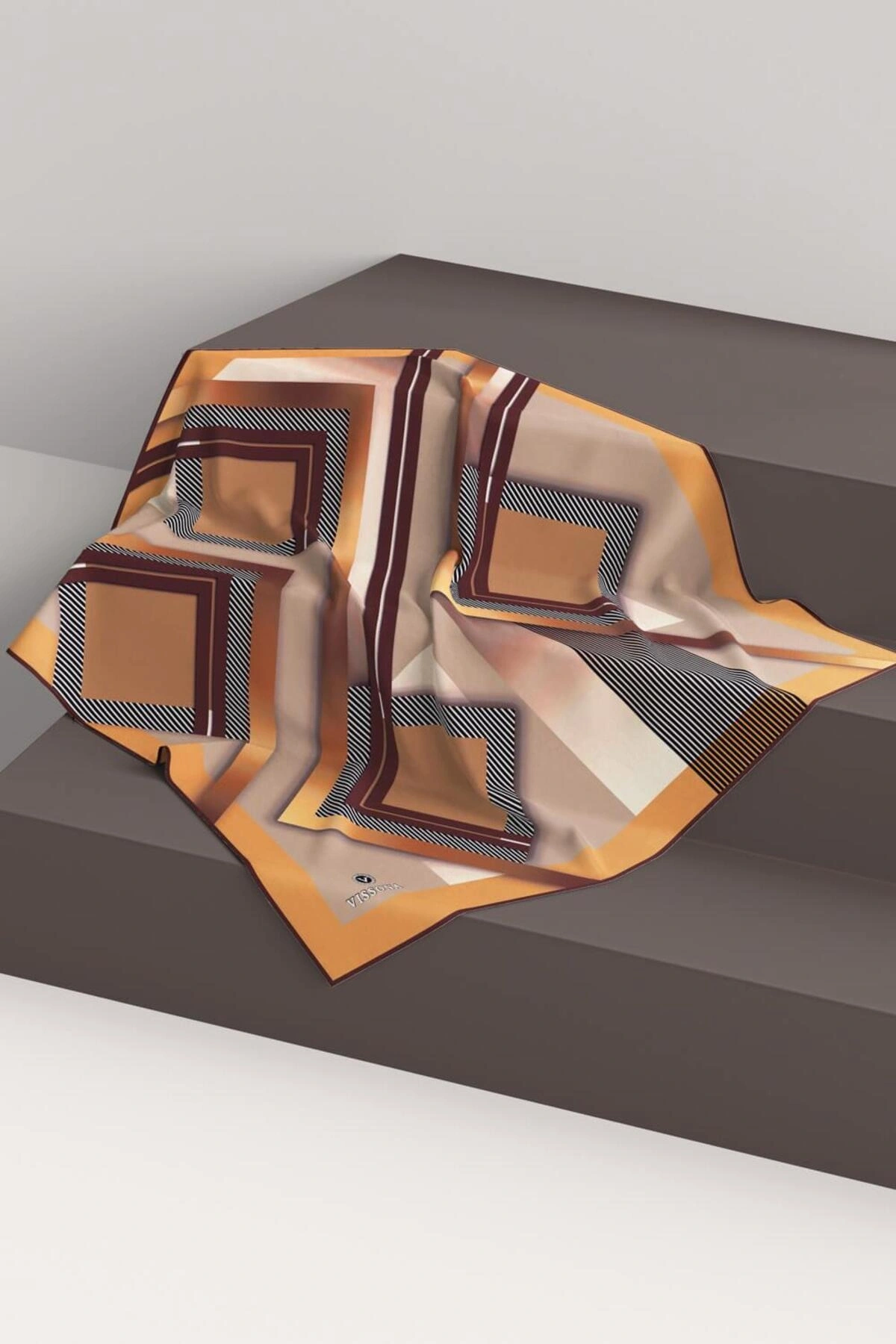 Vissona %100 Twill İpek Zebra Desenli Bej - Gold Renkli 90x90 Eşarp Dikim Şekli : El Dikişi