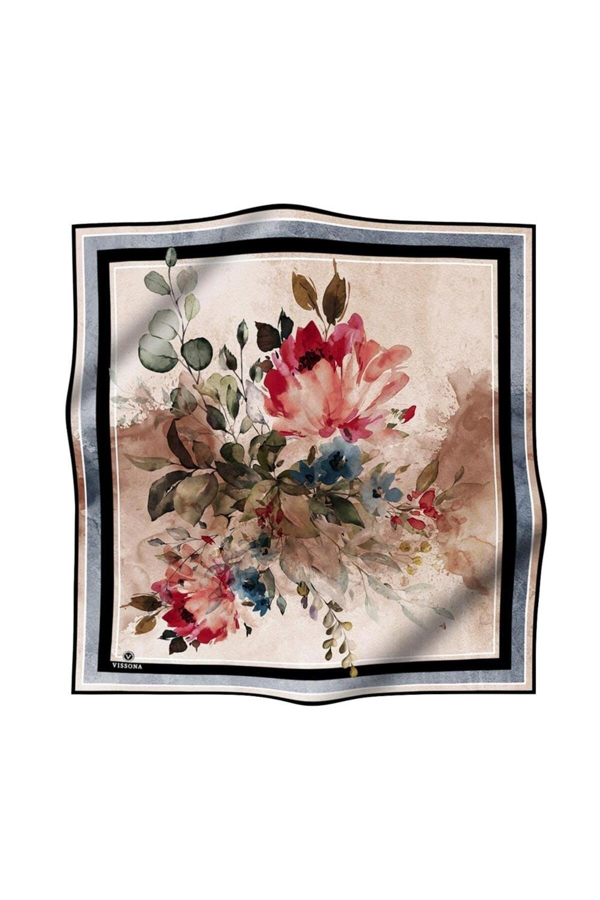 Vissona %100 Twill İpek Bahar Çiçekleri Desenli Siyah - Haki Renkli 90x90 Eşarp Dikim Şekli : El Dikişi