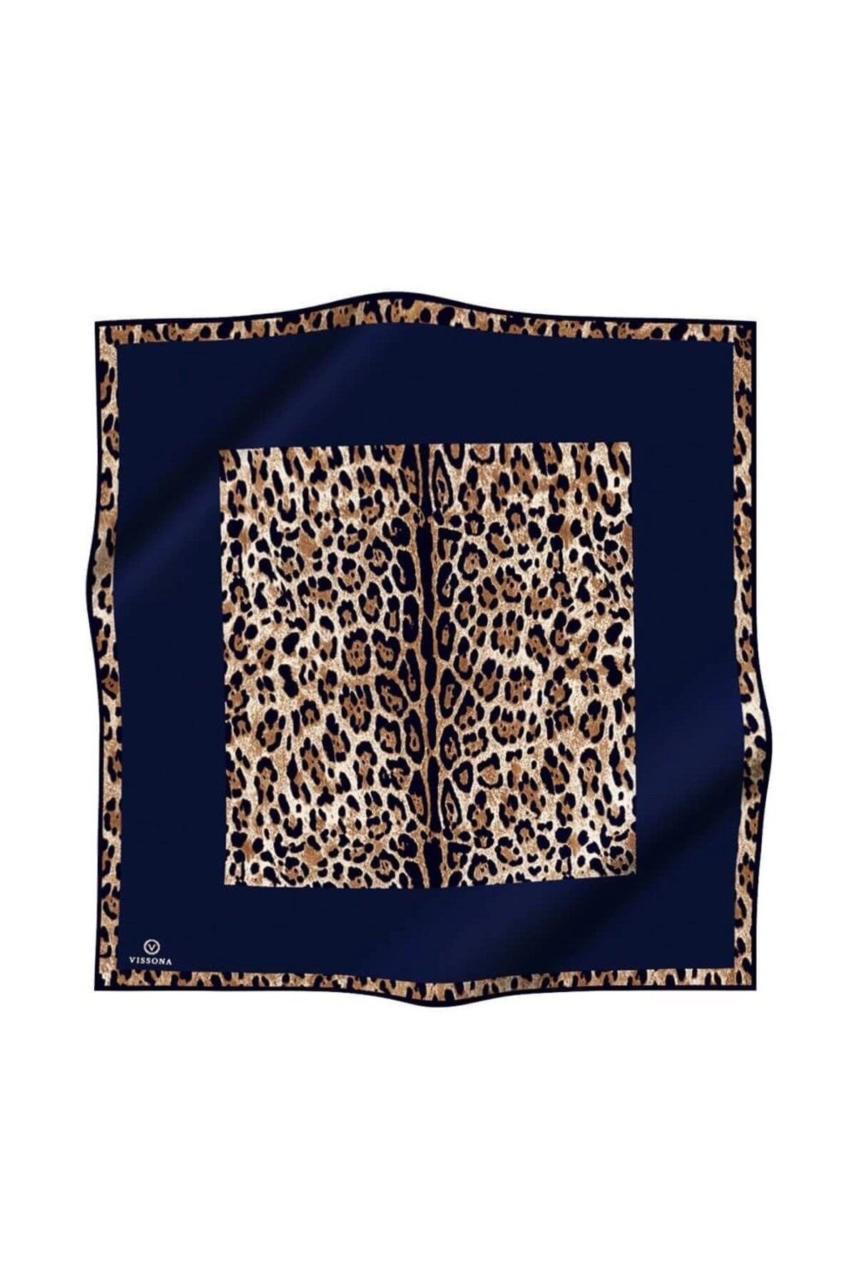 Vissona %100 Twill İpek Leopar Desenli Lacivert Renkli 90x90 Eşarp Dikim Şekli : El Dikişi