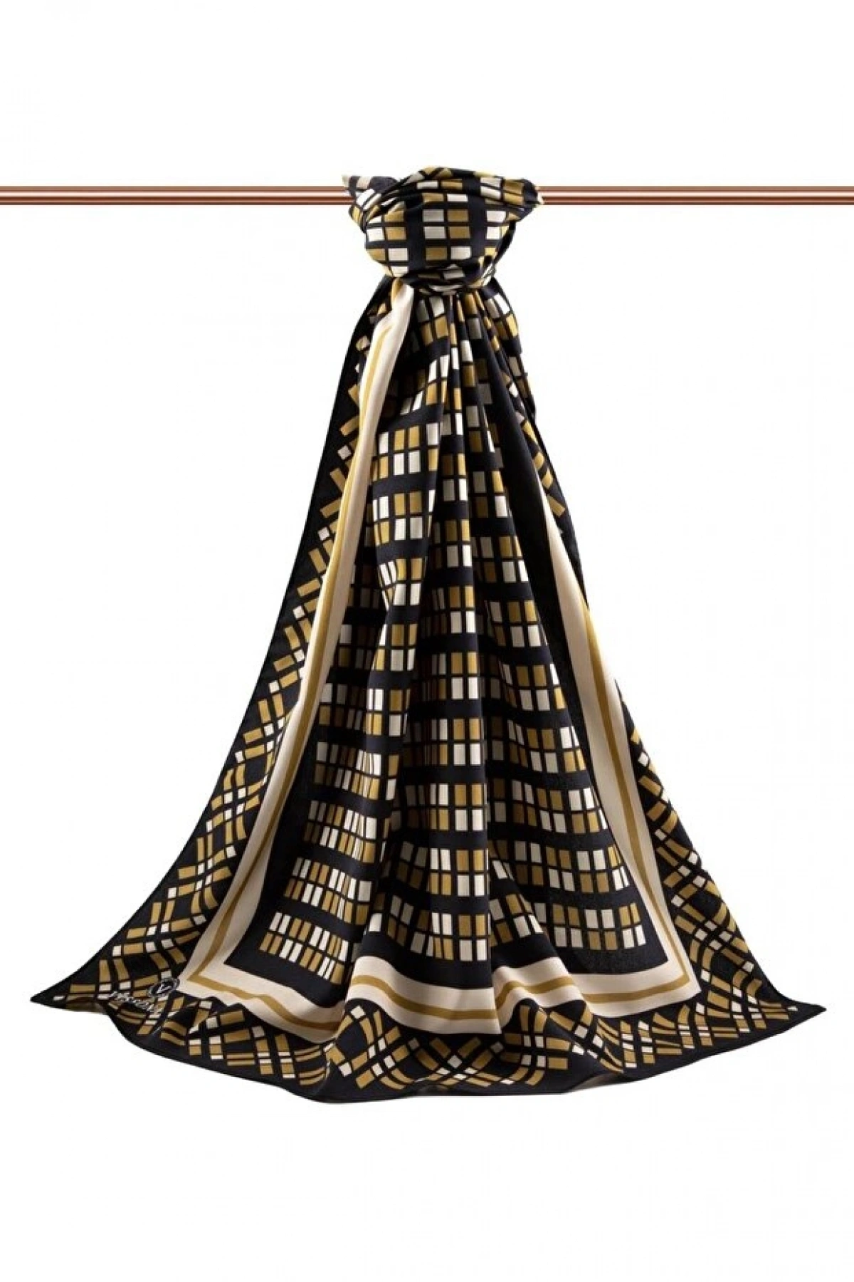 Vissona LÜKS MEDİNE İPEĞİ KARE DESENLİ GOLD RENKLİ 75X195 KIRIŞMAZ ŞAL MOSS KREP DİKİŞ TİPİ İTALYAN DİKİŞLİ