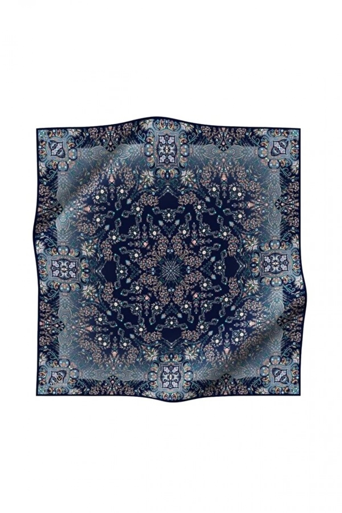 Vissona %100 Twill İpek Şal Desenli Lacivert - İndigo Renkli 90x90 Eşarp Dikim Şekli : El Dikişi