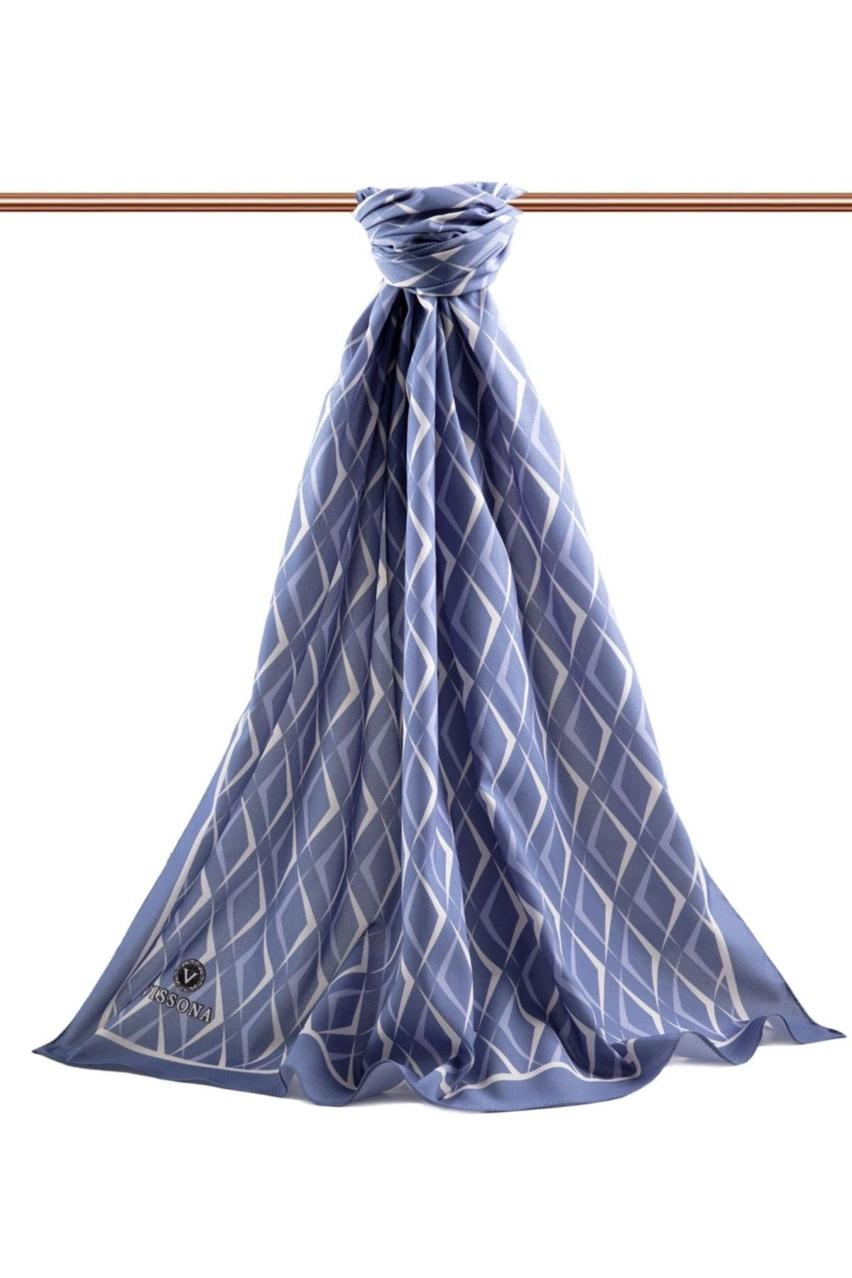 Vissona LÜKS MEDİNE İPEĞİ GEOMETRİK DESENLİ BEBE MAVİSİ RENKLİ 75X195 KIRIŞMAZ ŞAL MOSS KREP DİKİŞ TİPİ İTAL
