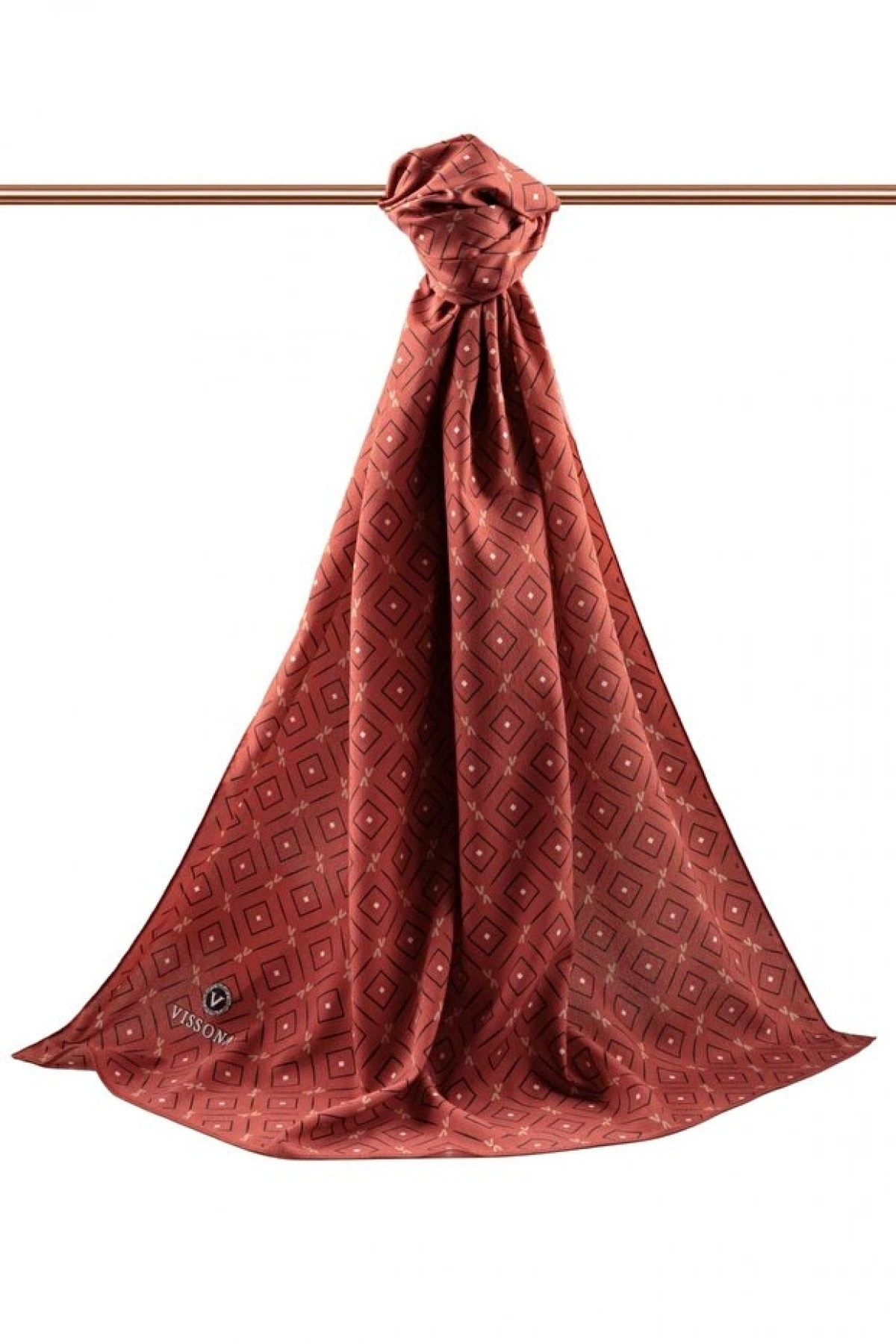 Vissona LÜKS MEDİNE İPEĞİ GEOMETRİK DESENLİ BORDO RENKLİ 75X195 KIRIŞMAZ ŞAL MOSS KREP DİKİŞ TİPİ İTALYAN