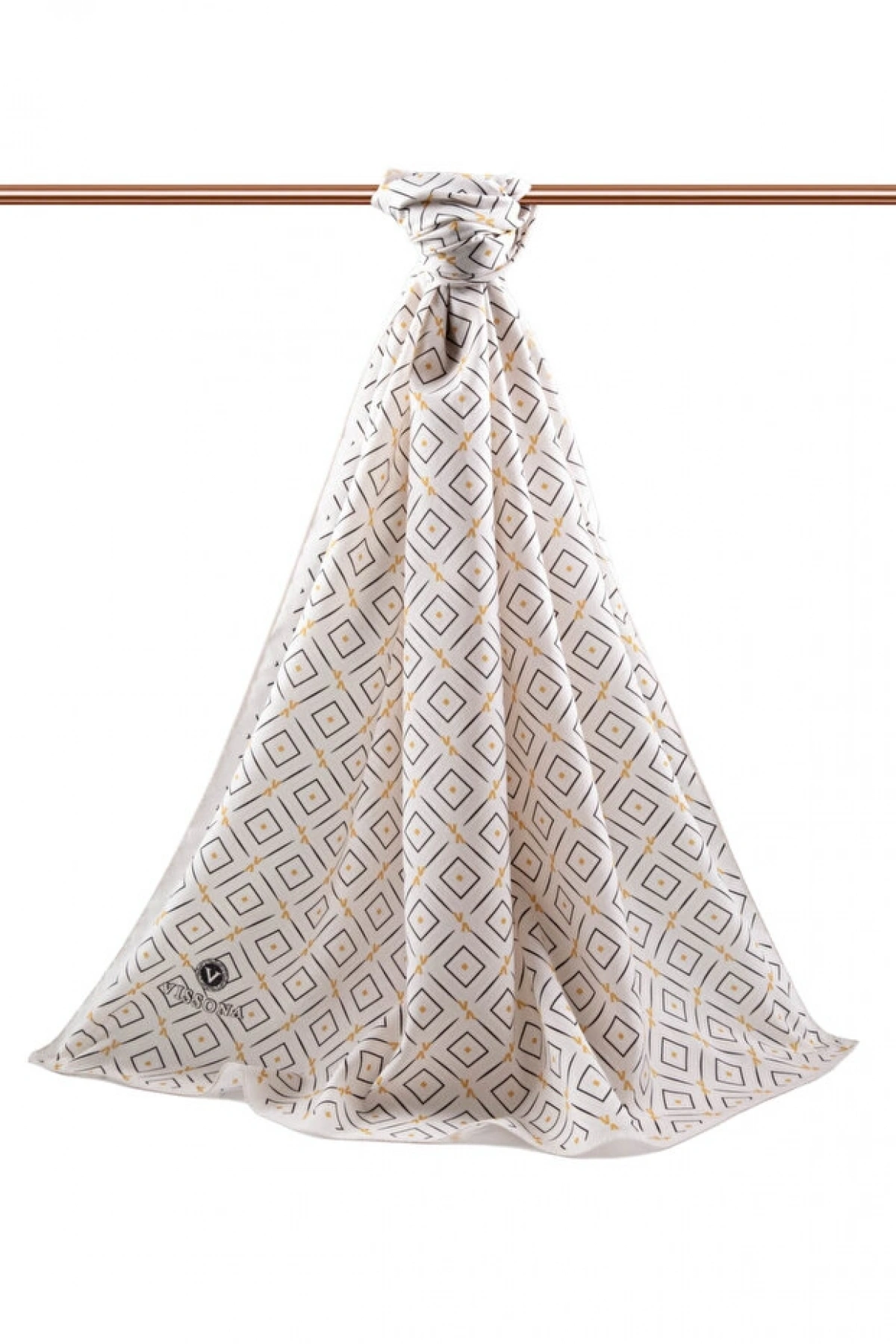 Vissona LÜKS MEDİNE İPEĞİ GEOMETRİK DESENLİ KREM RENKLİ 75X195 KIRIŞMAZ ŞAL MOSS KREP DİKİŞ TİPİ İTALYAN