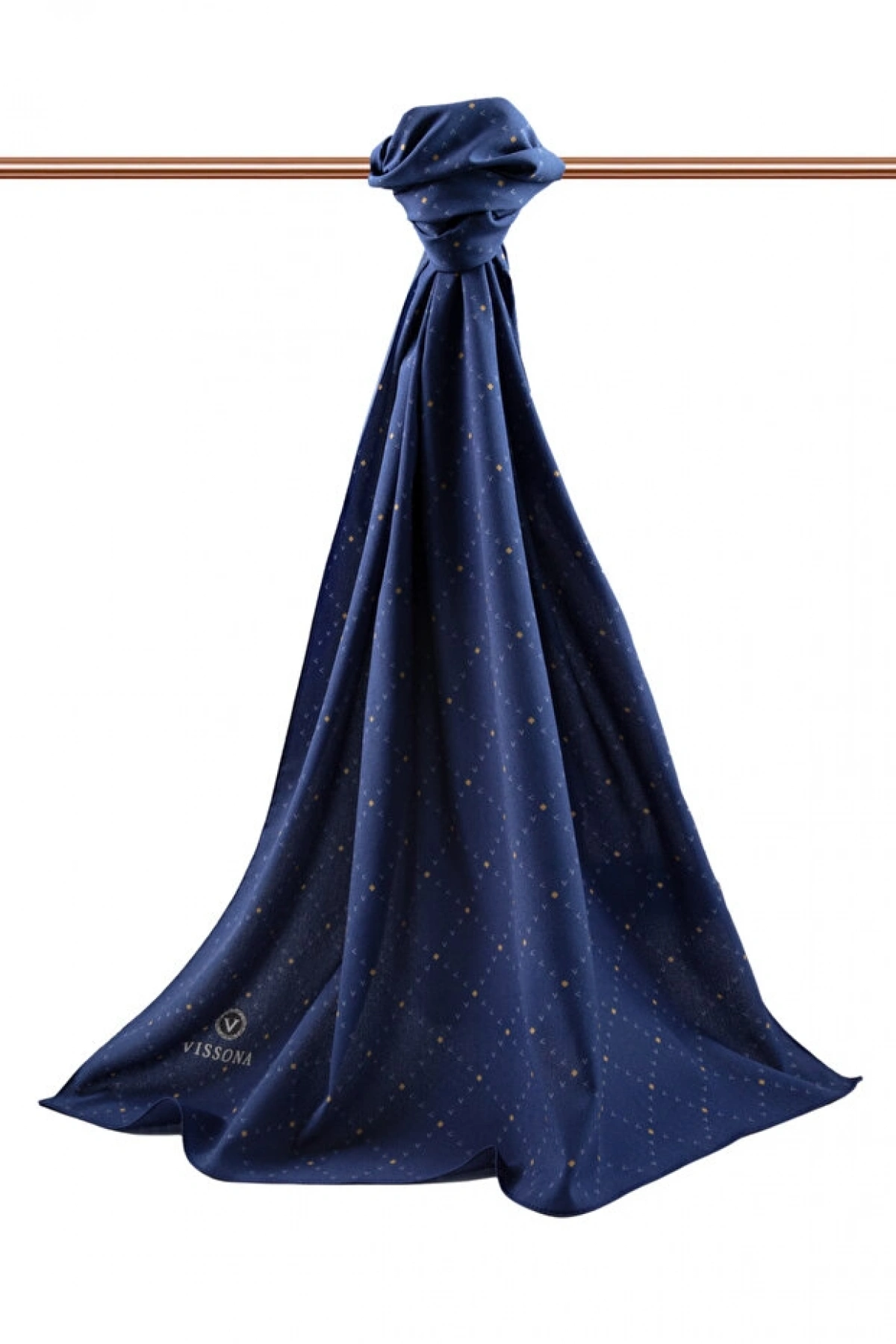 Vissona LÜKS MEDİNE İPEĞİ V DESENLİ LACİVERT RENKLİ 75X195 KIRIŞMAZ ŞAL MOSS KREP DİKİŞ TİPİ İTALYAN DİKİŞLİ
