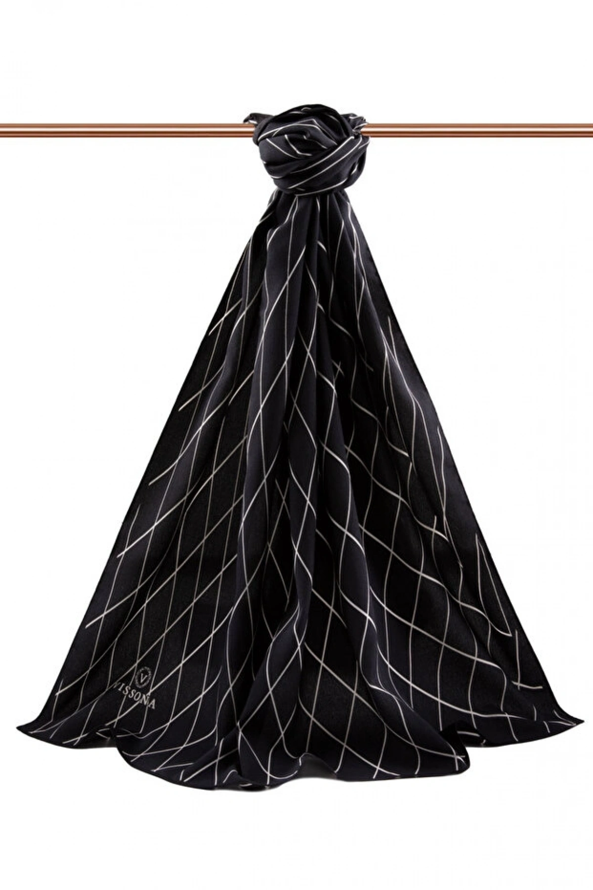 Vissona LÜKS MEDİNE İPEĞİ GEOMETRİK DESENLİ SİYAH RENKLİ 75X195 KIRIŞMAZ ŞAL MOSS KREP DİKİŞ TİPİ İTALYAN