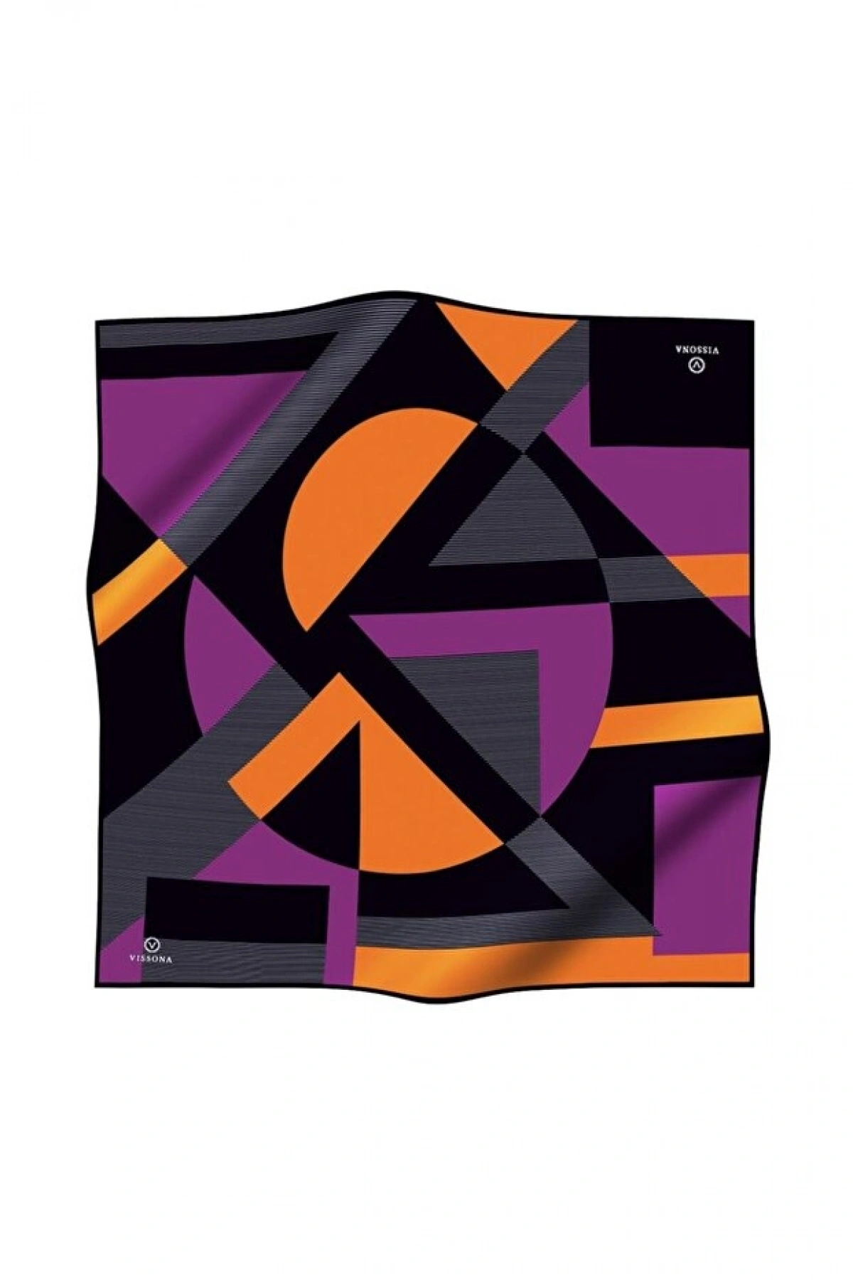 Vissona %100 Twill İpek Geometrik Çizgi Desenli Fuşya - Turuncu Renkli 90x90 Eşarp Kenar Dikiş Şekli El Diki