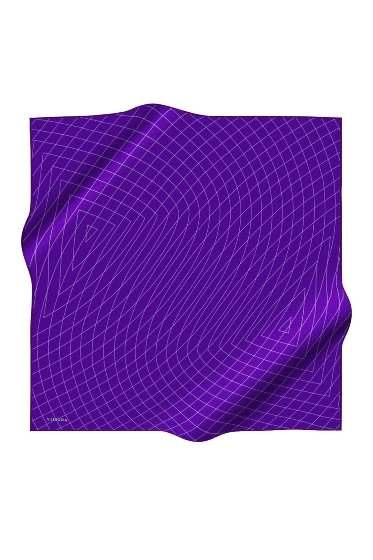 Vissona %100 Twill Çizgili Desenli Beyaz - Mor Renkli 90x90 Eşarp Dikim Şekli: El Dikişi