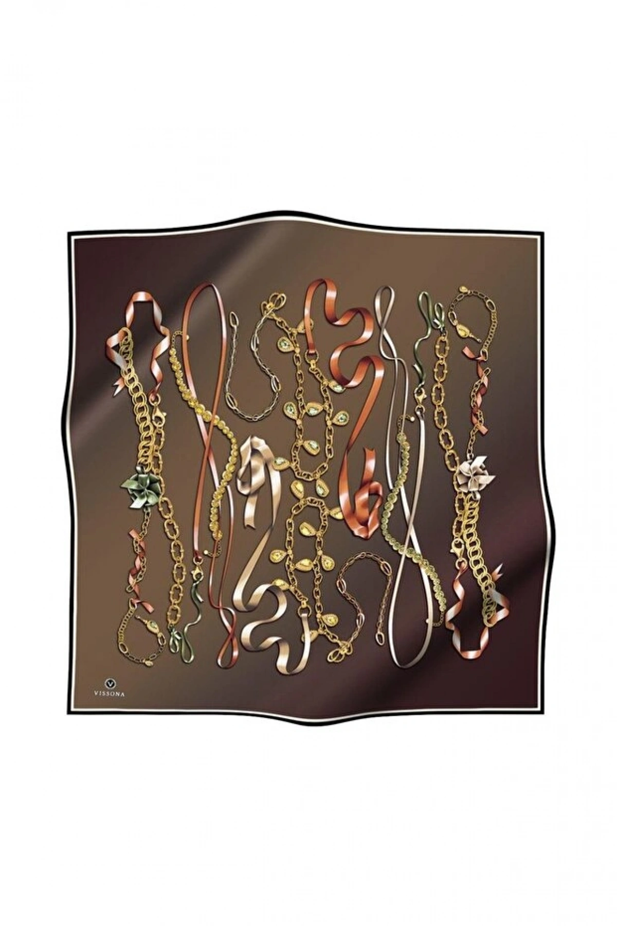 Vissona %100 Twill İpek Kurdele Ve Zincir Desenli Bakır - Turuncu Renkli 90x90 Eşarp Dikim Şekli : El Dikişi