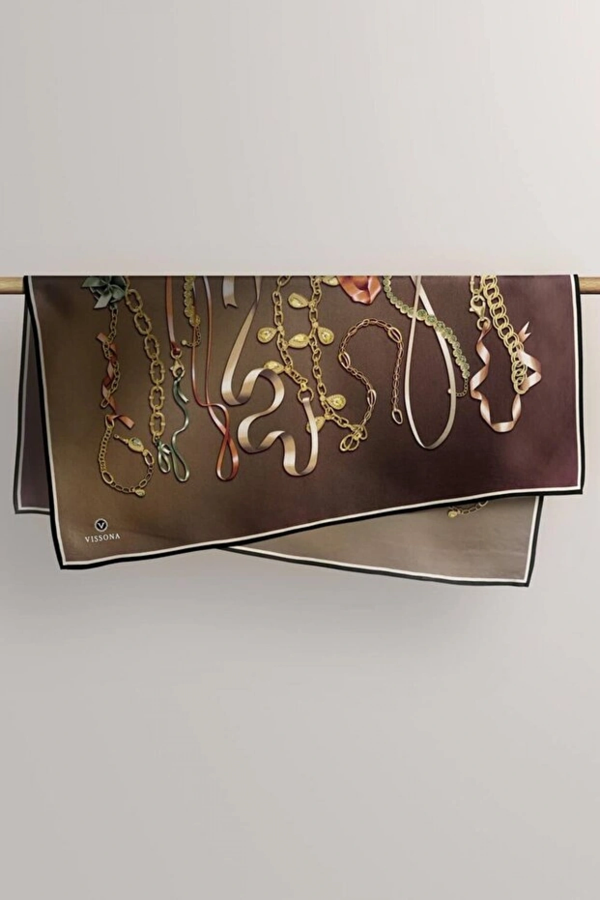 Vissona %100 Twill İpek Kurdele Ve Zincir Desenli Bakır - Turuncu Renkli 90x90 Eşarp Dikim Şekli : El Dikişi