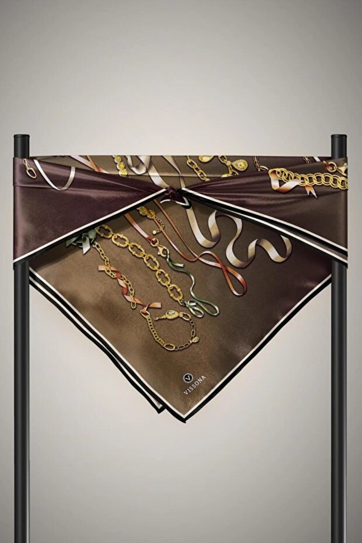 Vissona %100 Twill İpek Kurdele Ve Zincir Desenli Bakır - Turuncu Renkli 90x90 Eşarp Dikim Şekli : El Dikişi