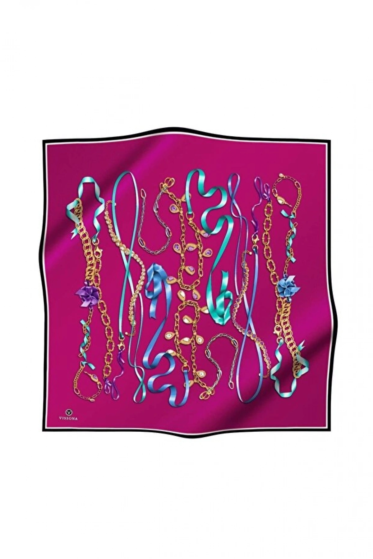 Vissona %100 Twill İpek Kurdele Ve Zincir Desenli Fuşya Renkli 90x90 Eşarp Dikim Şekli : El Dikişi