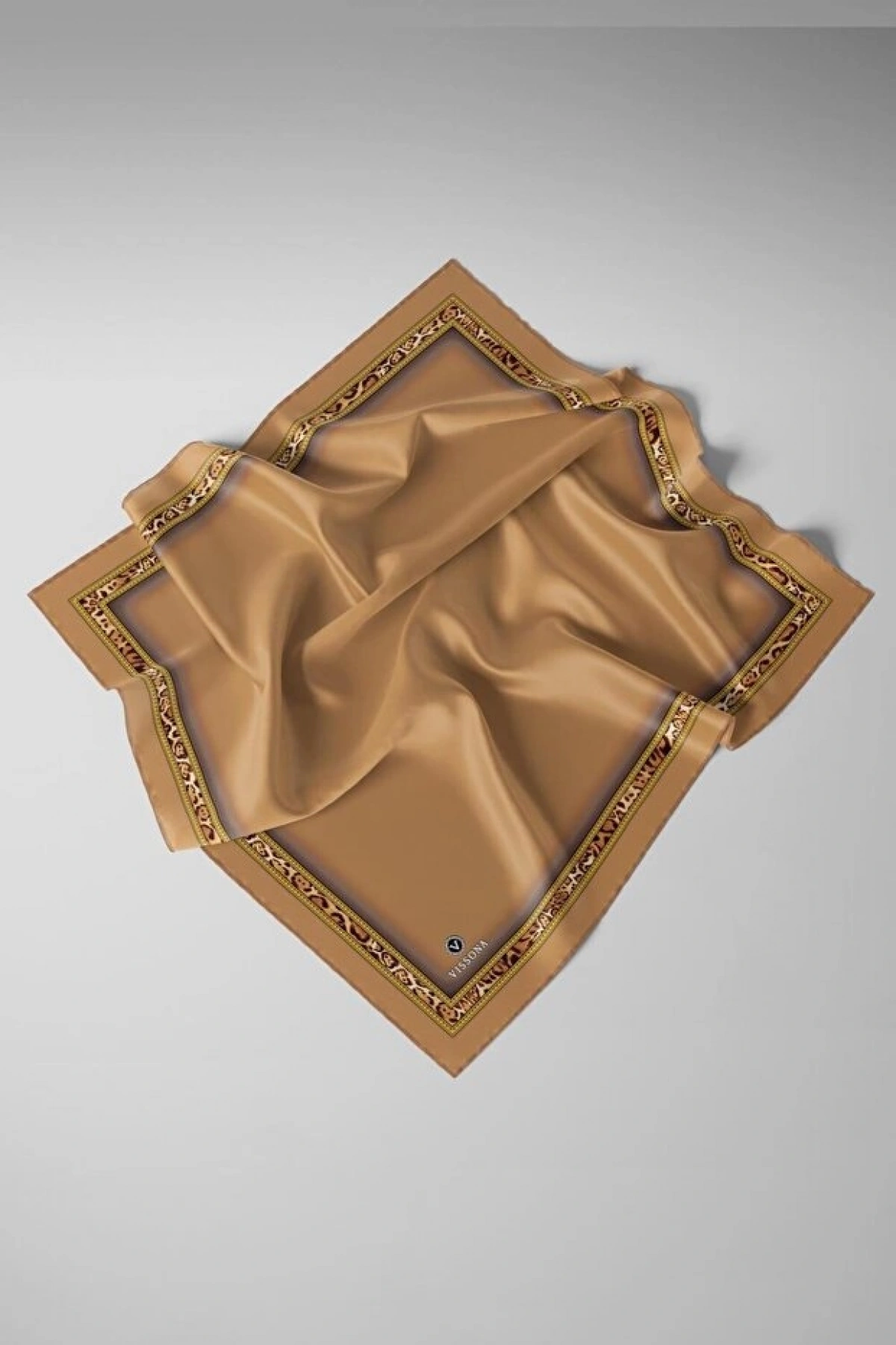 Vissona %100 Twill İpek Bordürü Leoparlı Düz Desenli Gold - Gold Renkli 90x90 Eşarp Dikim Şekli : El Dikişi