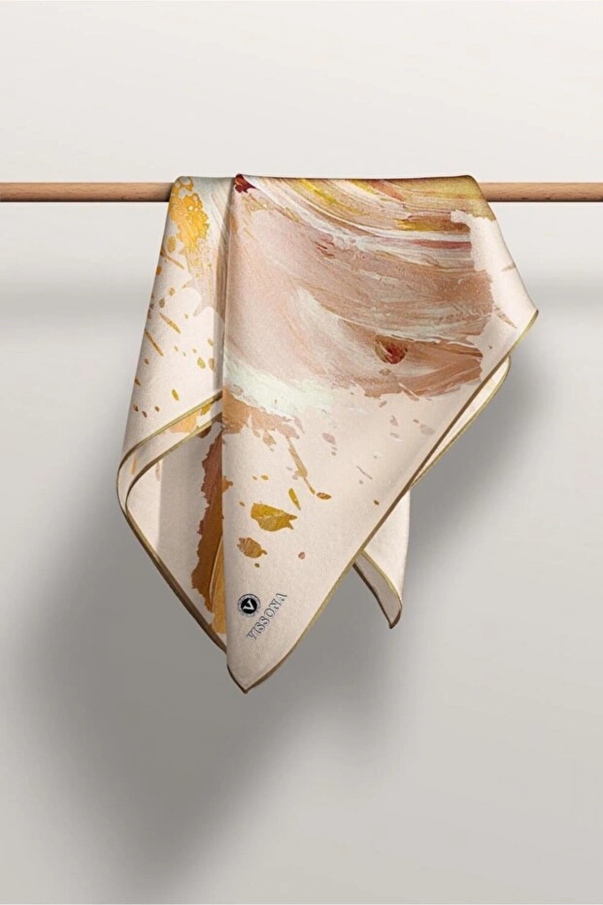 Vissona %100 Twill İpek Fırça Darbesi Desenli Hardal - Vizon Renkli 90x90 Eşarp Dikim Şekli : El Dikişi