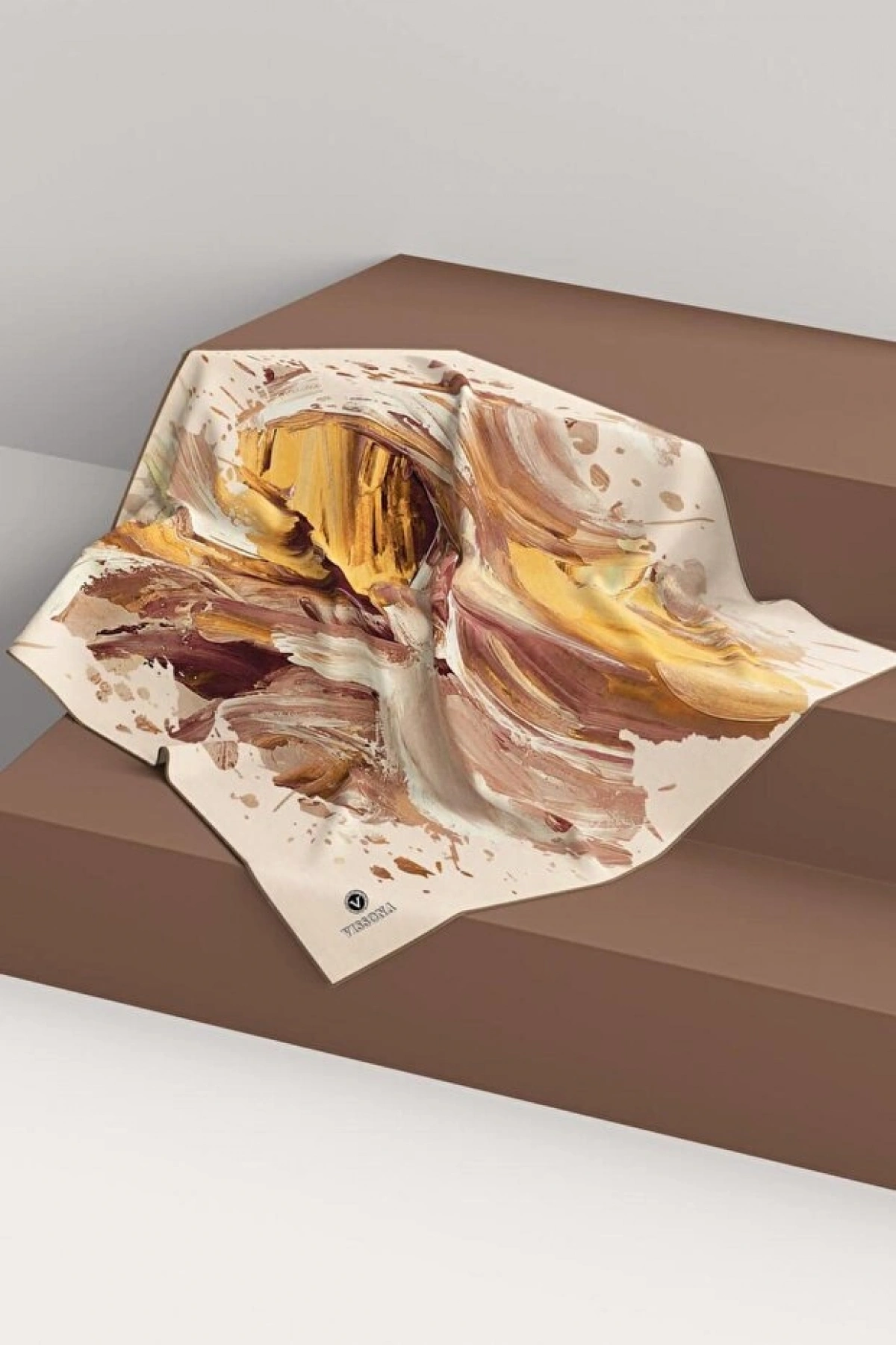 Vissona %100 Twill İpek Fırça Darbesi Desenli Hardal - Vizon Renkli 90x90 Eşarp Dikim Şekli : El Dikişi