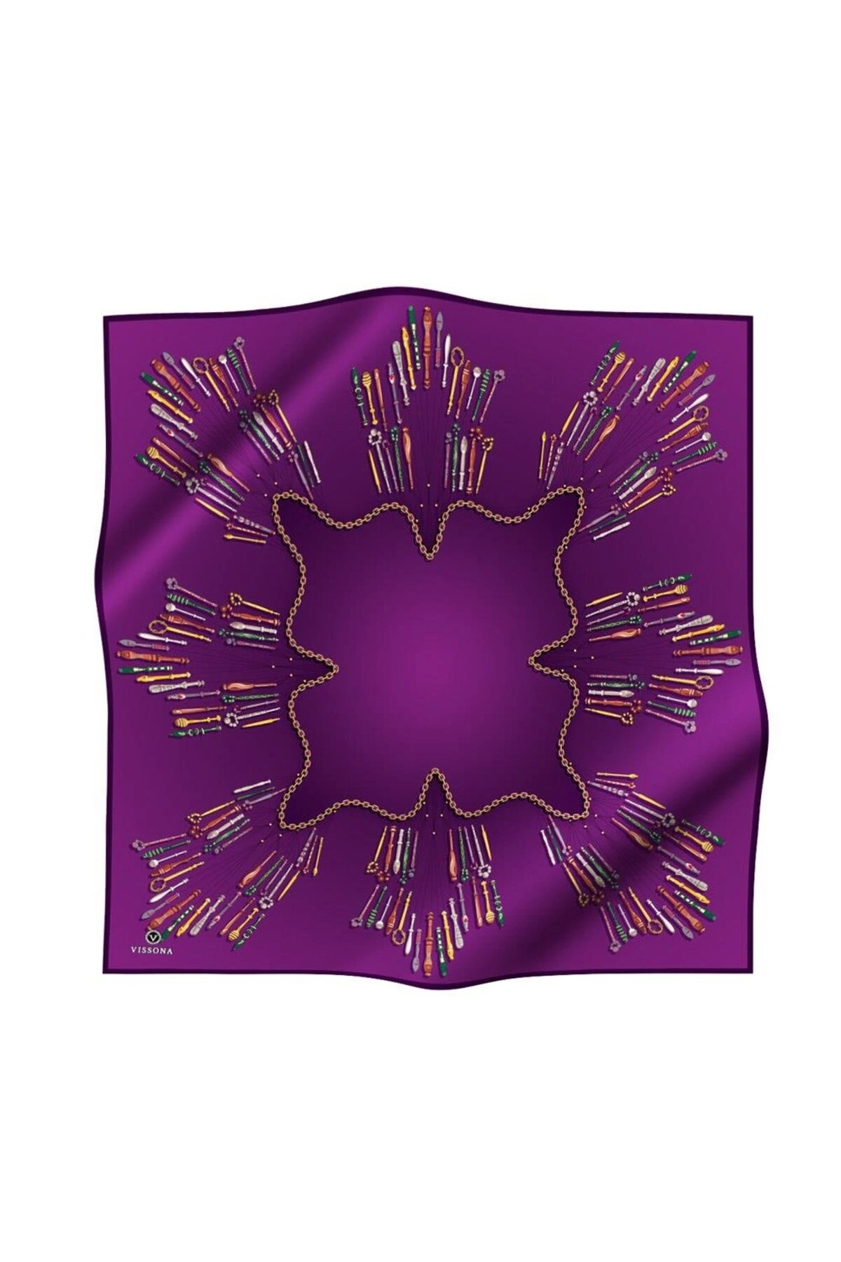 Vissona %100 Twill İpek Zincir Desenli Mürdüm Renkli 90x90 Eşarp Dikim Şekli : El Dikişi