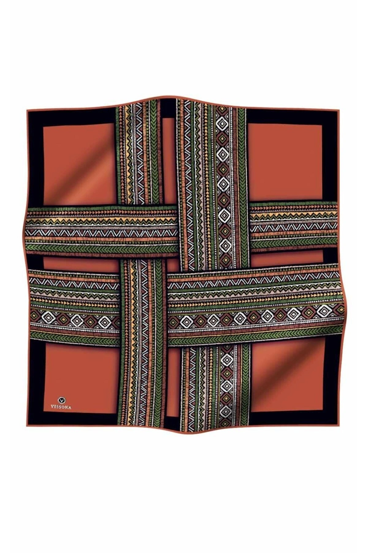 Vissona %100 Twill İpek Etnik Desenli Taba - Haki Renkli 90x90 Eşarp Dikim Şekli : El Dikişi