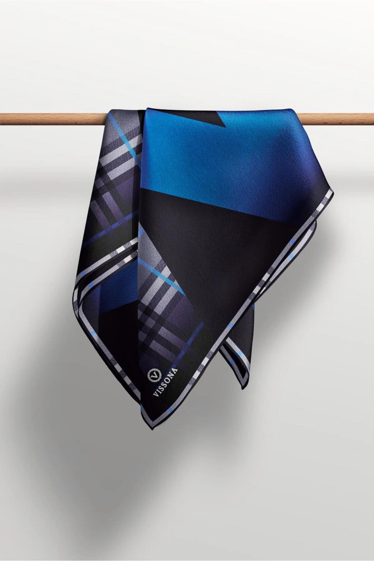 Vissona %100 Twill İpek Ekose Desenli Saks - Siyah Renkli 90x90 Eşarp Dikim Şekli : El Dikişi