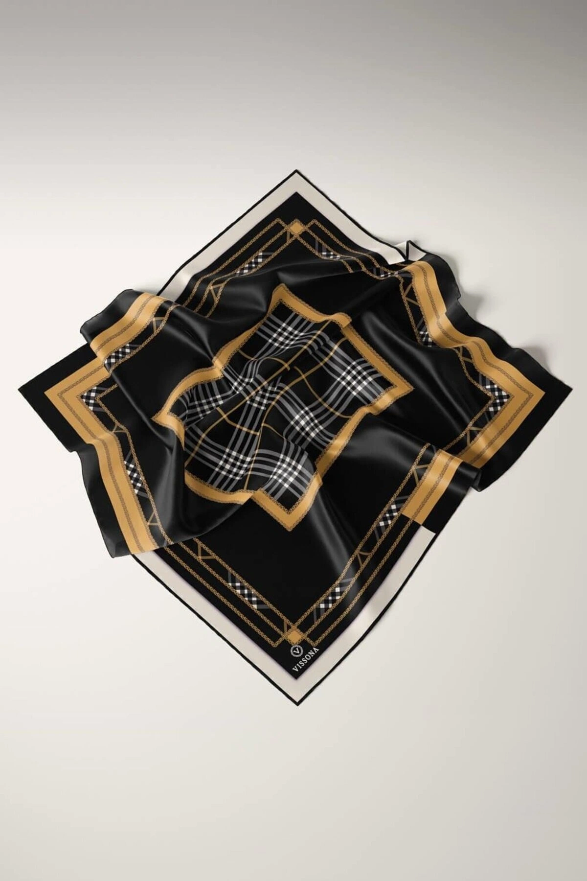 Vissona %100 Twill İpek Ekose Desenli Gold Renkli 90x90 Eşarp Dikim Şekli : El Dikişi