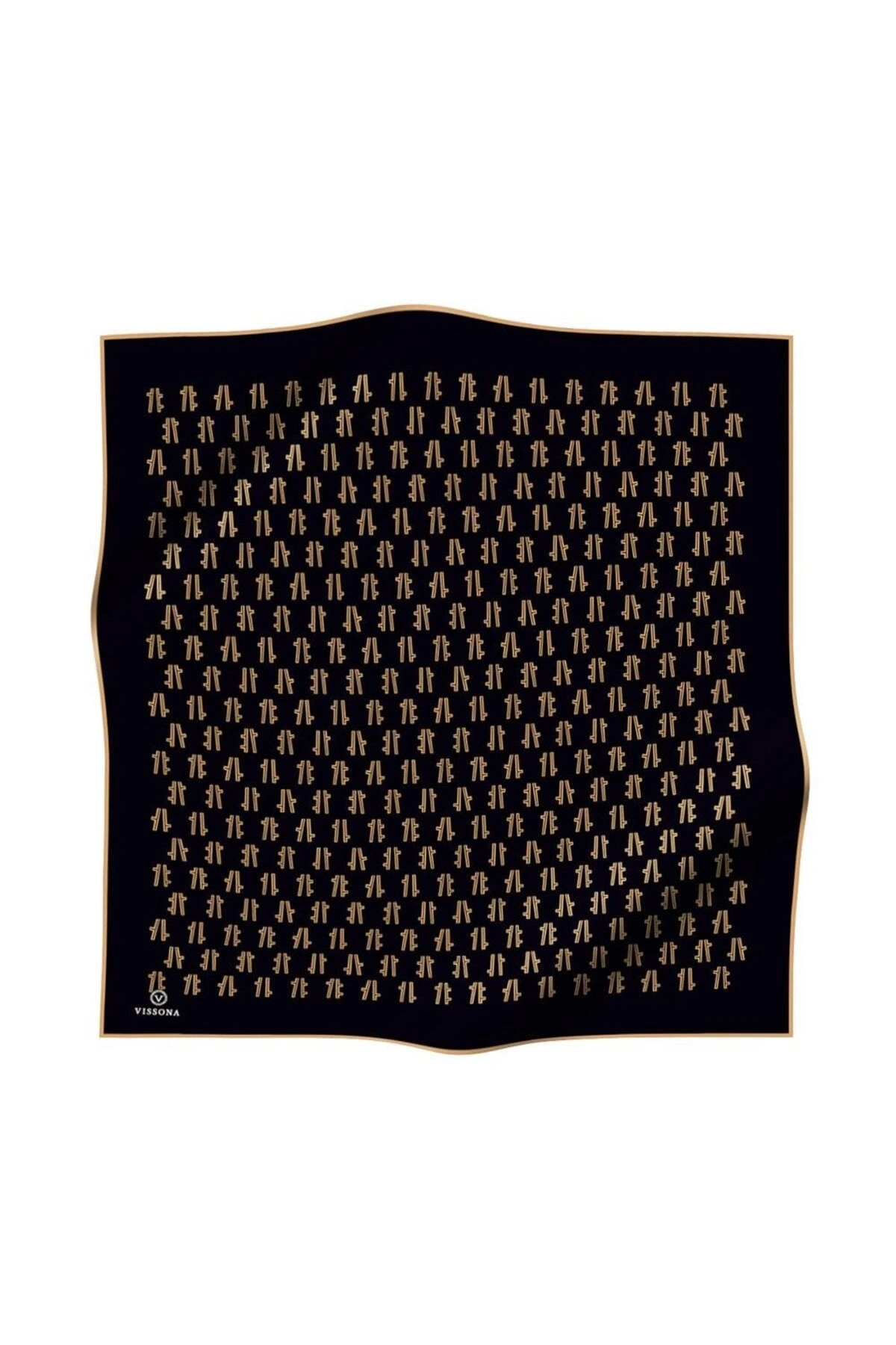 Vissona %100 Twill İpek Geometrik Desenli Siyah - Gold Renkli 90x90 Eşarp Dikim Şekli : El Dikişi
