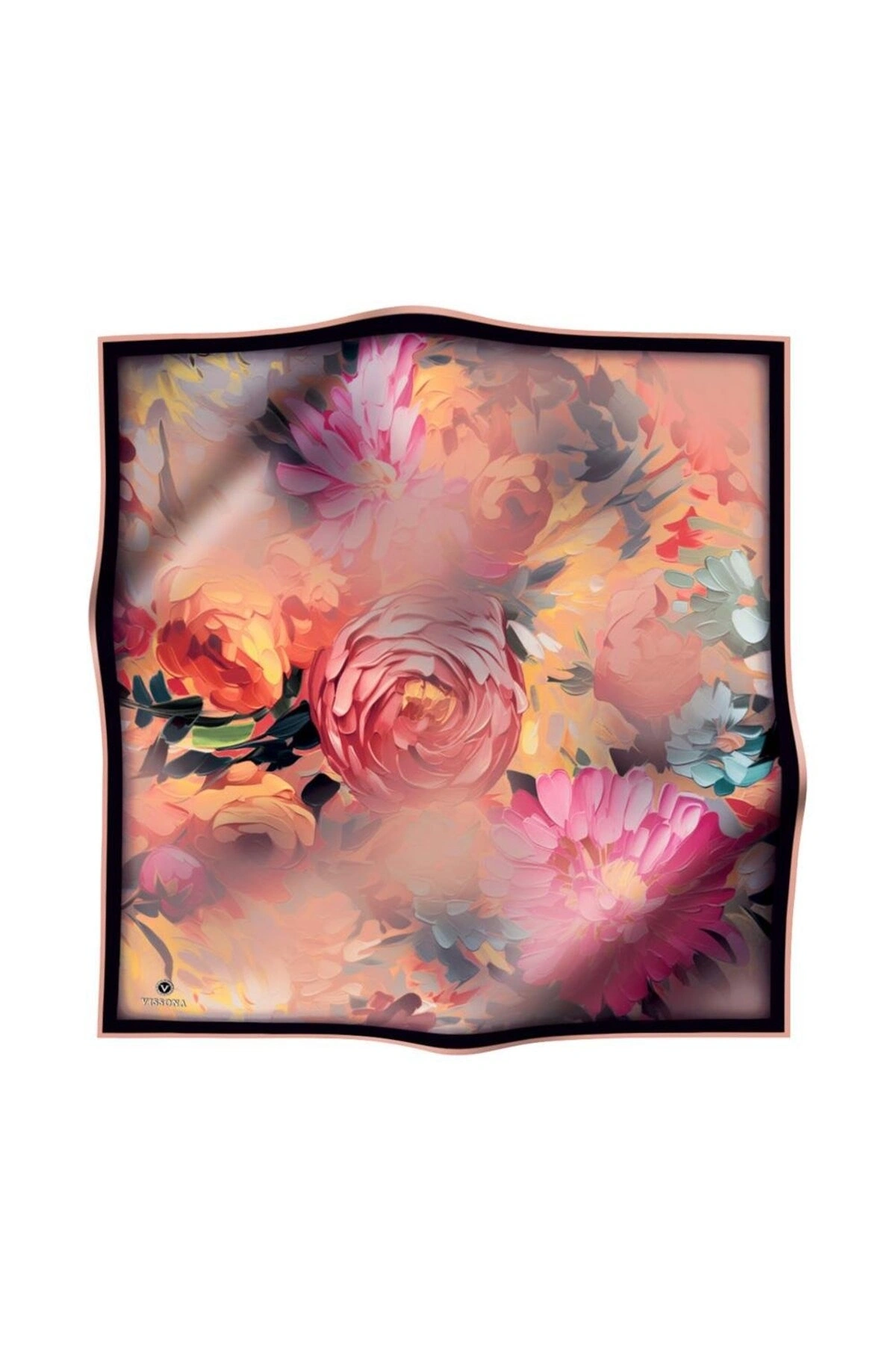 Vissona %100 Twill İpek Dumanlı Çiçek Desenli Somon Renkli 90x90 Eşarp Kenar Dikiş Şekli El Dikişli