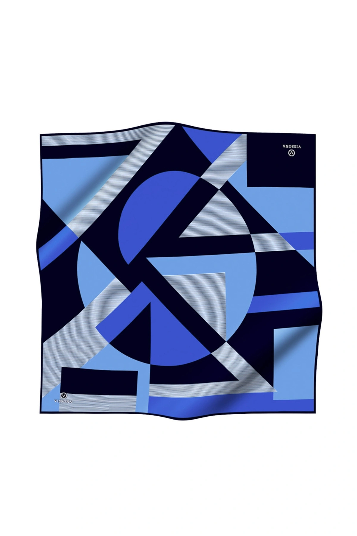 %100 Twill İpek Geometrik Çizgi Desenli Lacivert - Saks Renkli 90x90 Eşarp Kenar Dikiş Şekli El Diki