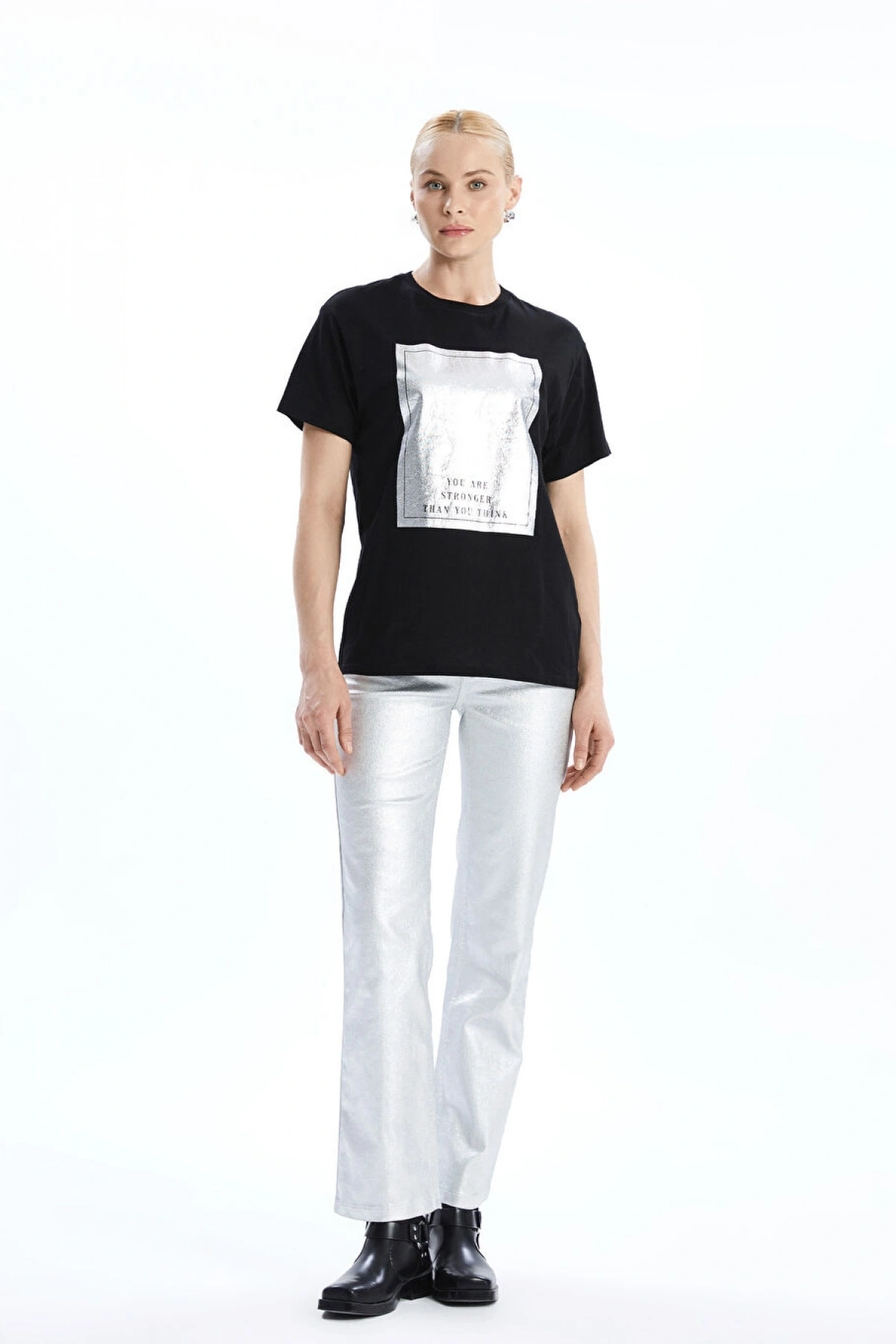 LCW Vision Siyah Bisiklet Yaka Baskılı Kadın Tişört