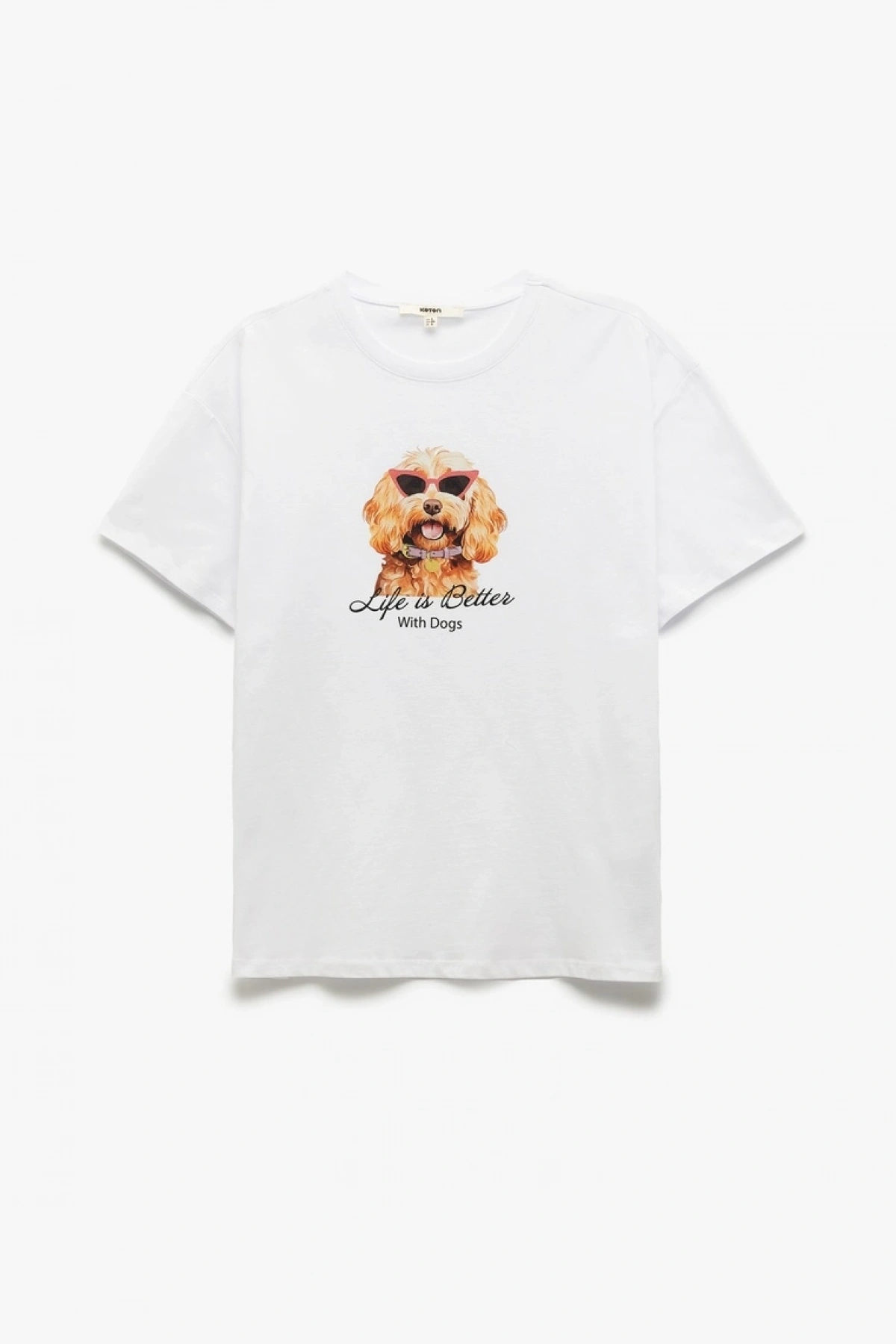 Koton Pamuklu Köpek Baskılı Beyaz Kadın T-Shirt